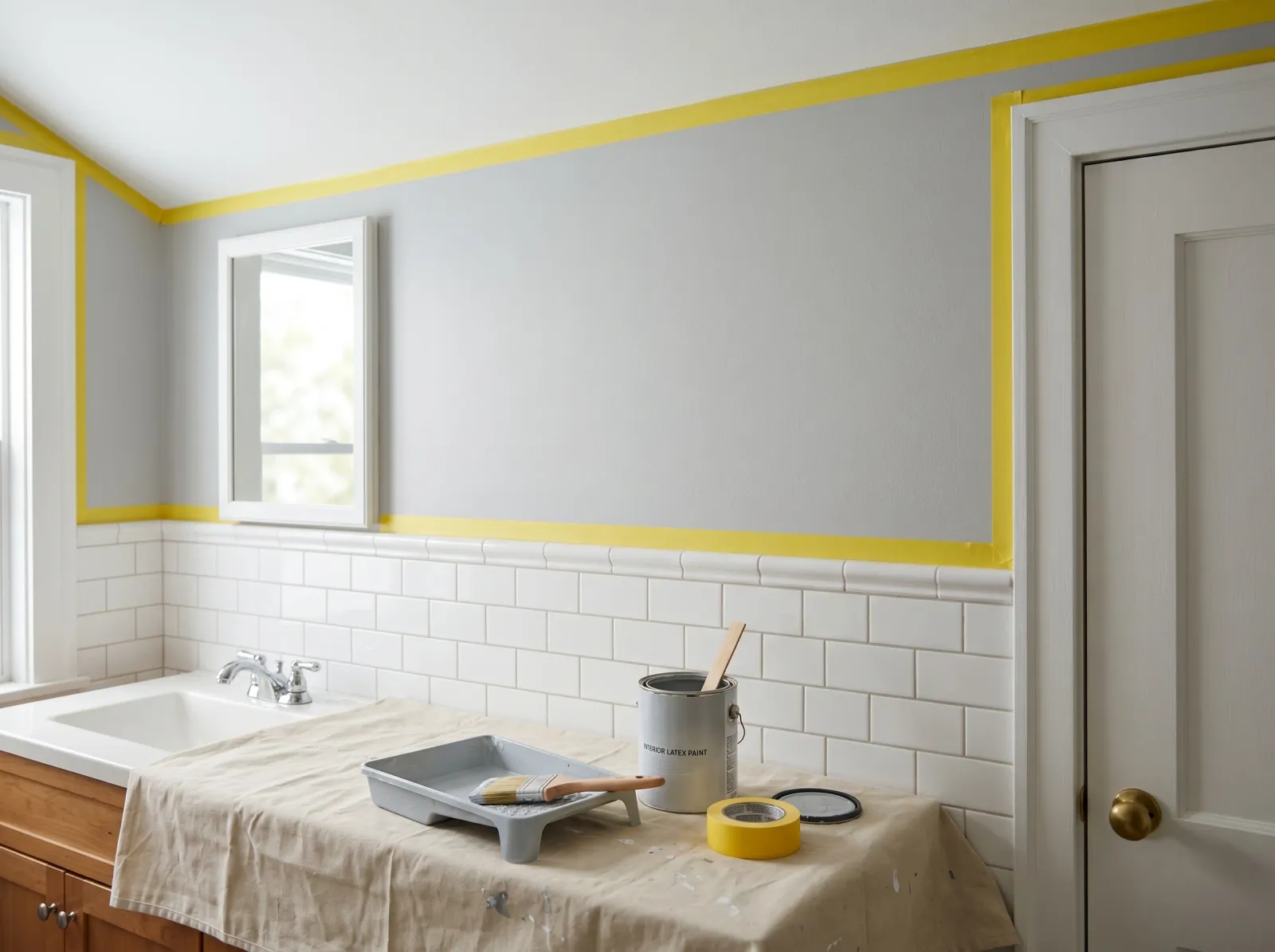 Bathroom wall taped along the tile, ceiling, and trim with a brush and tray staged on the vanity