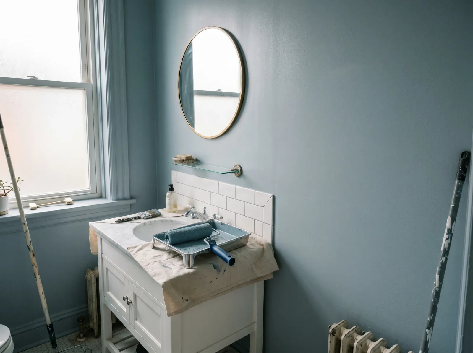 Bathroom walls with an even second coat of blue-grey satin, roller and tray on the covered vanity