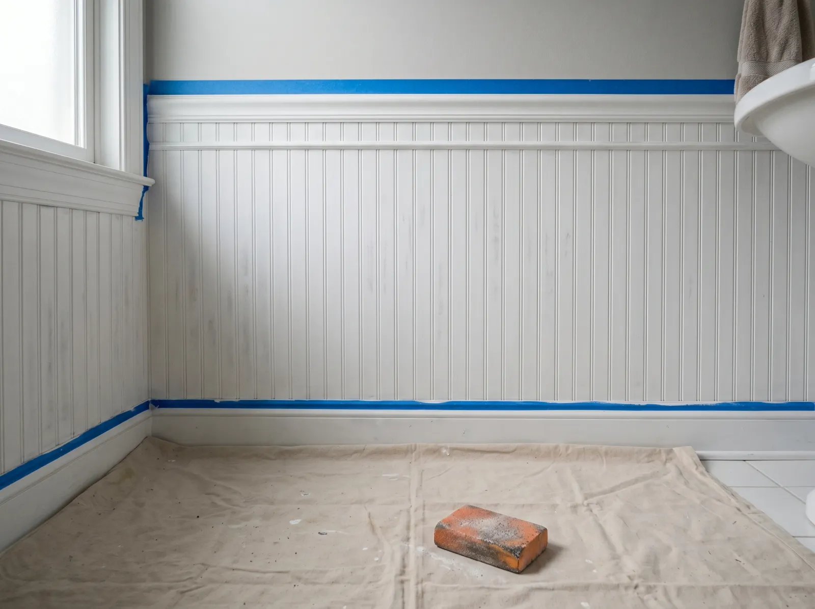 Beadboard wall scuff-sanded and taped along the top rail and baseboard