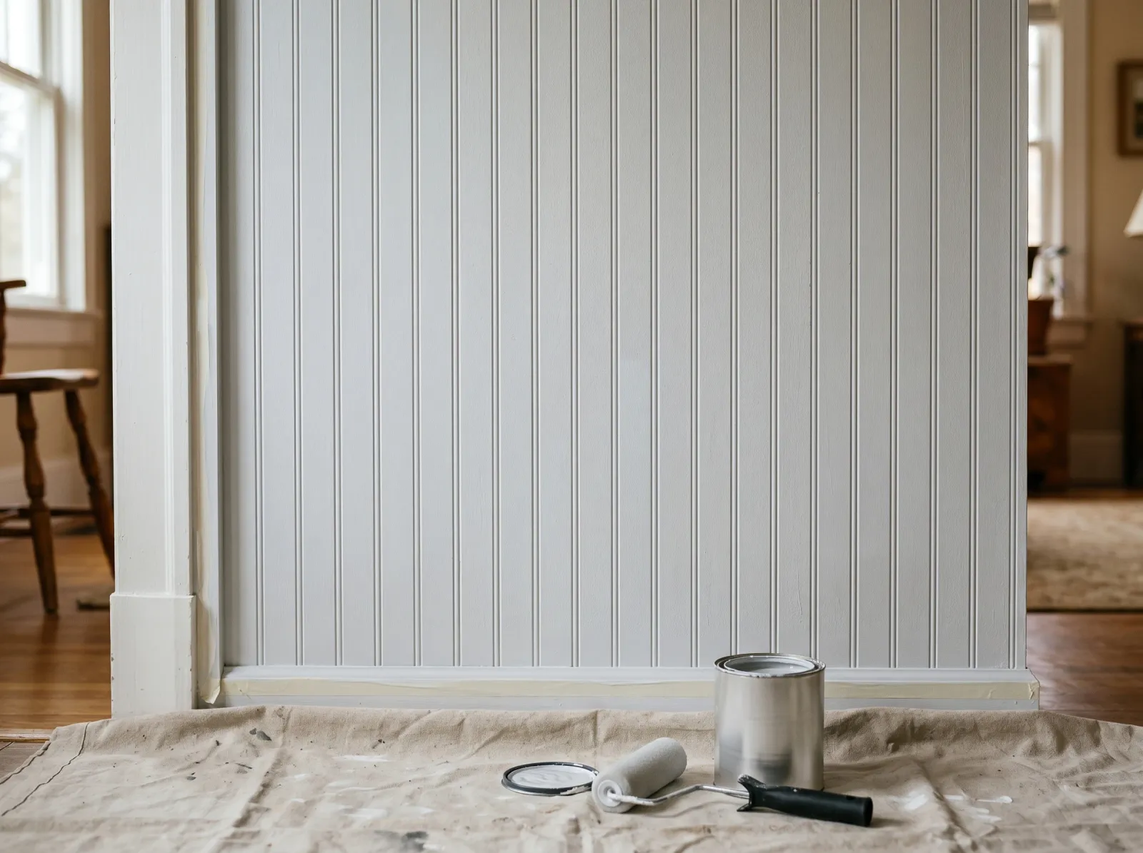 Beadboard wall coated in a single even primer with clean grooves and no pooling