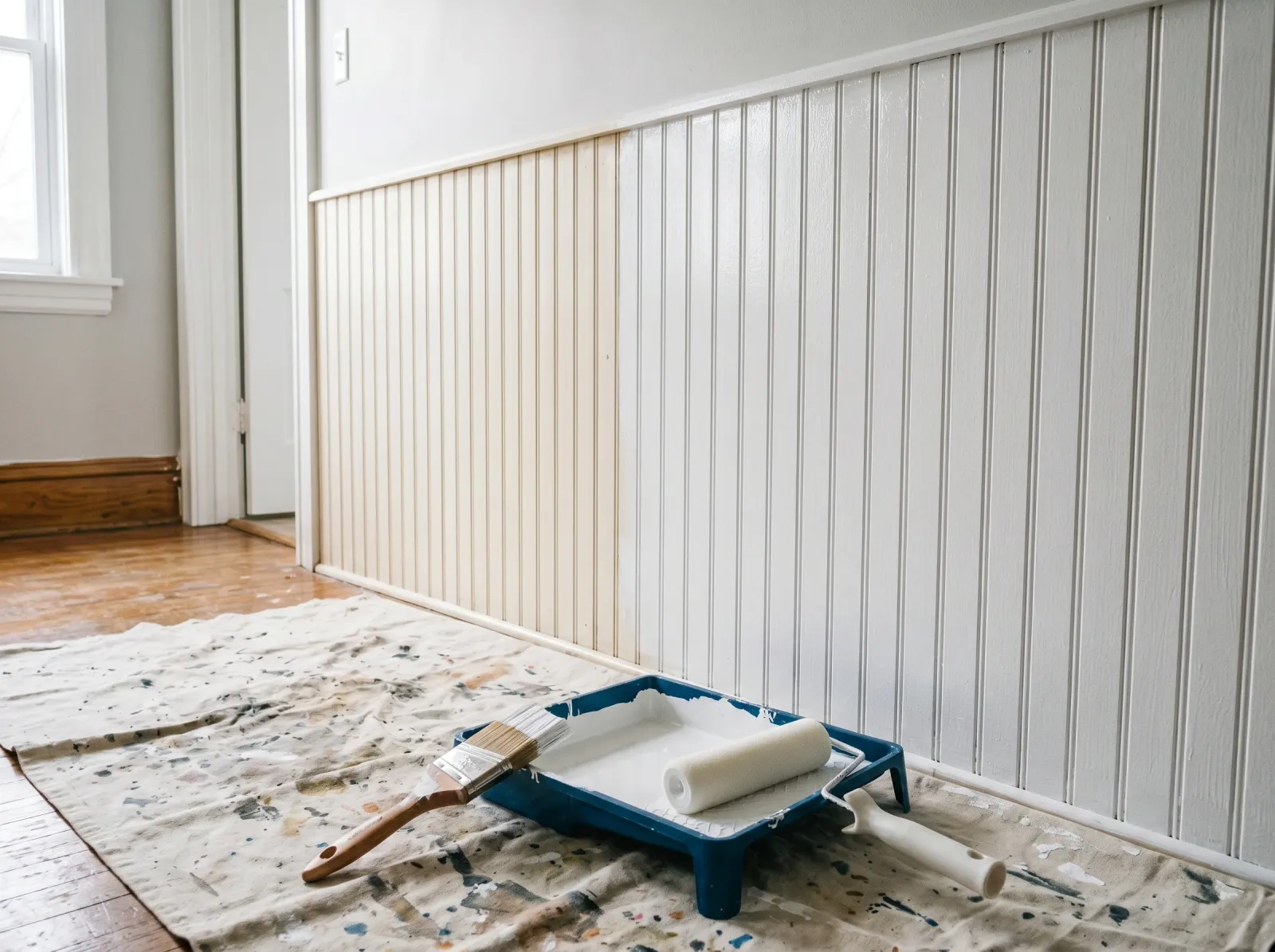 Beadboard mid-paint with grooves brushed and flat faces rolled in bright white