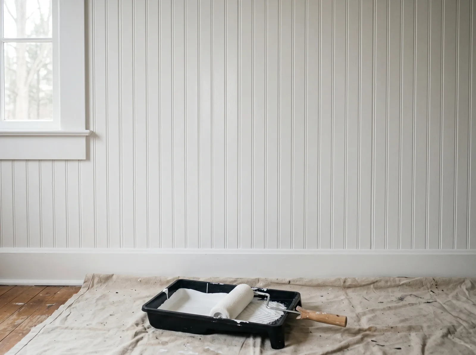Beadboard wall with an even second coat, crisp grooves and a smooth uniform sheen