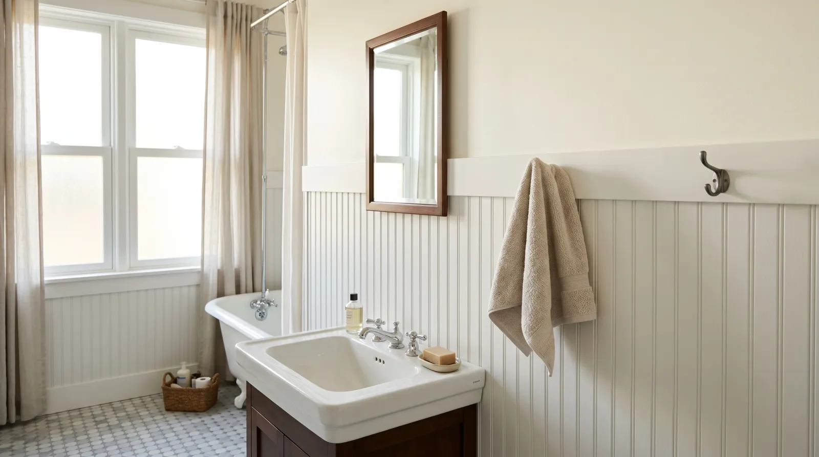 Finished bathroom with smooth white beadboard wainscoting and the room reset