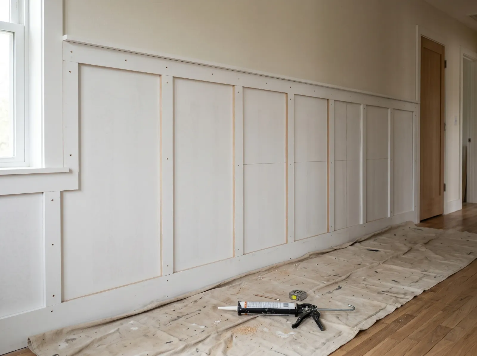 Raw board-and-batten wall before caulking with nail holes and seams visible