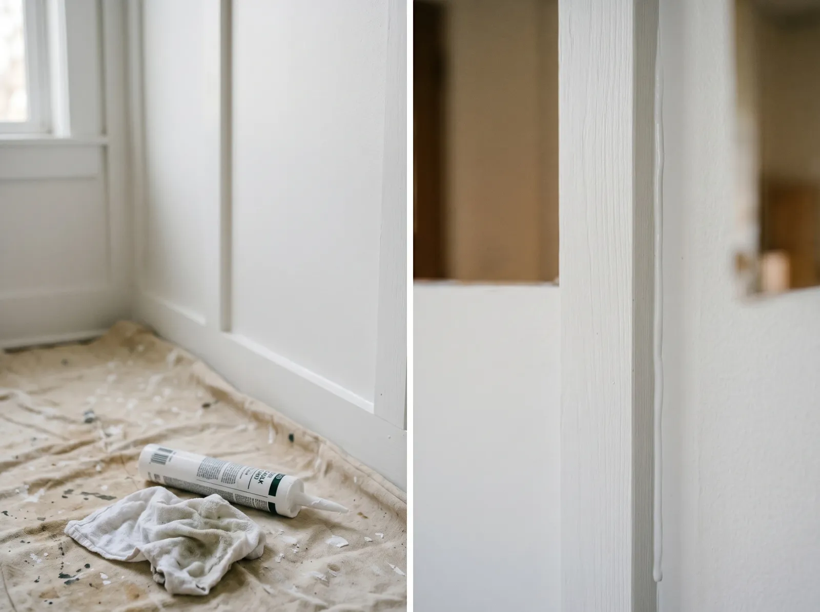 Board-and-batten wall with caulk smoothed along every batten seam