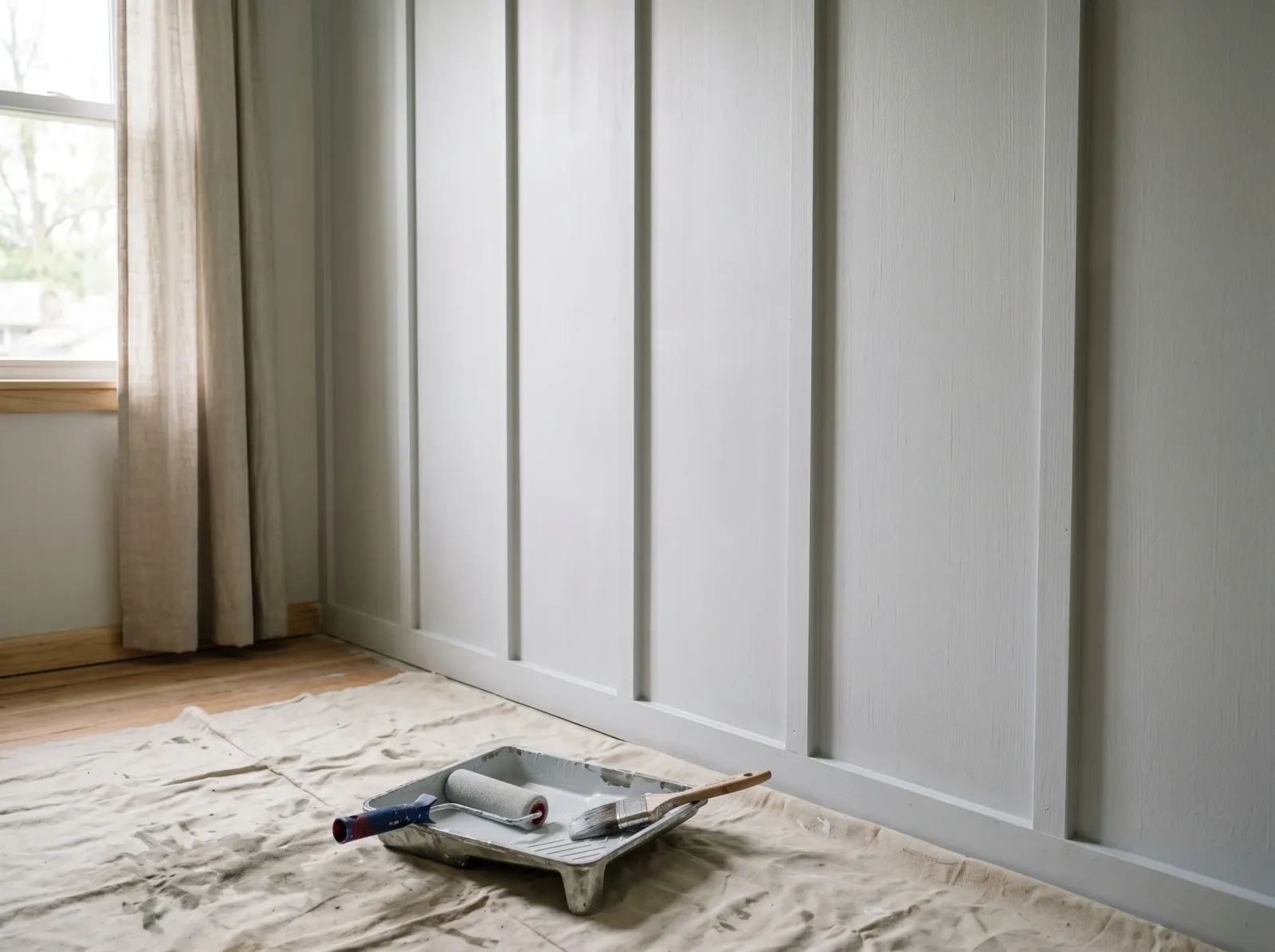 Board-and-batten wall after one even coat of white primer