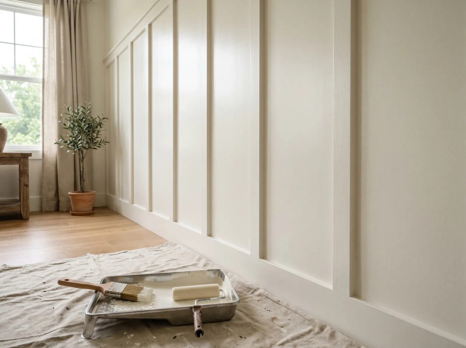 Board-and-batten wall with even second coat of warm-white semi-gloss