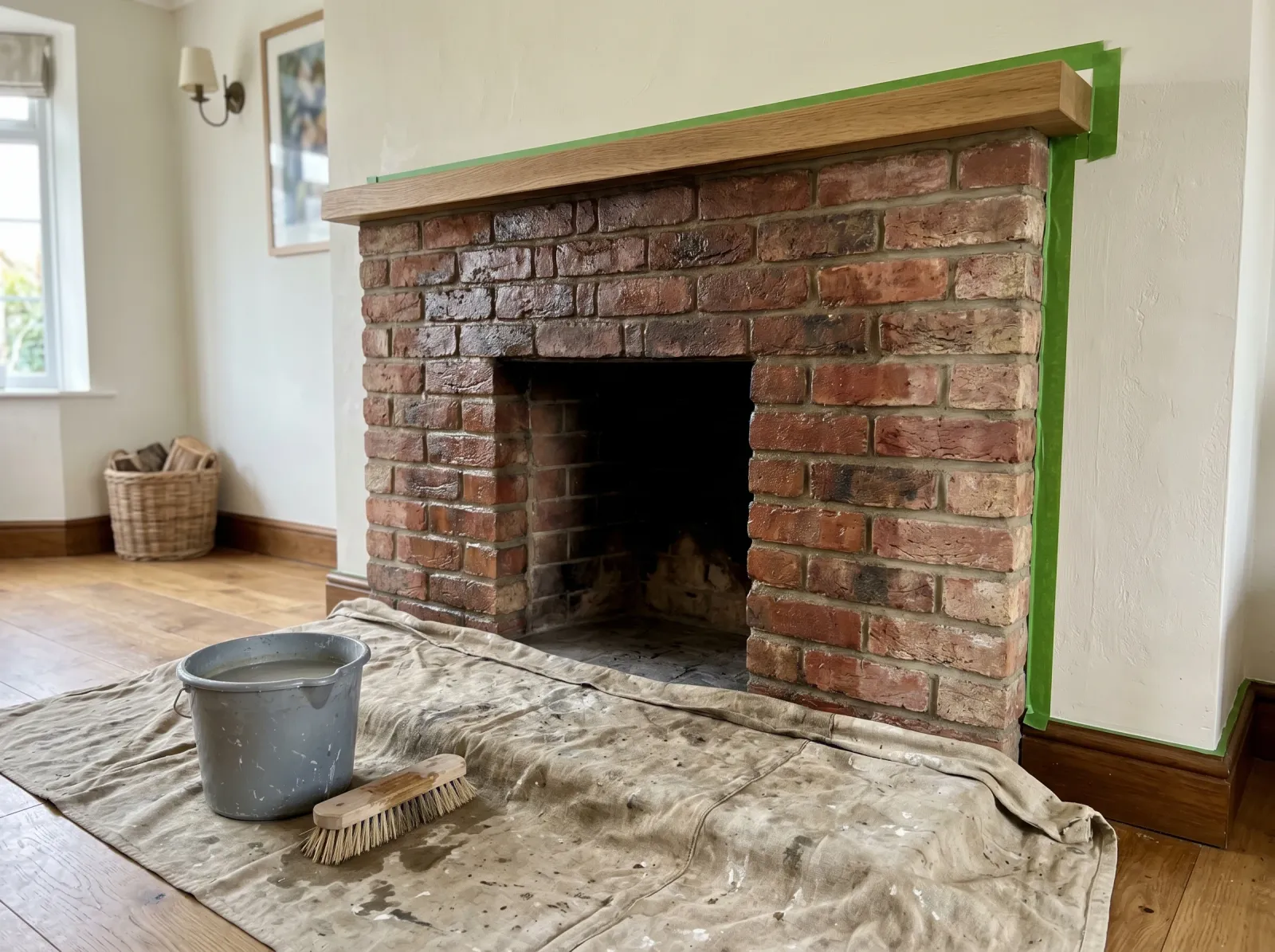 Red-brick fireplace washed and taped off with a bucket and brush on the covered hearth