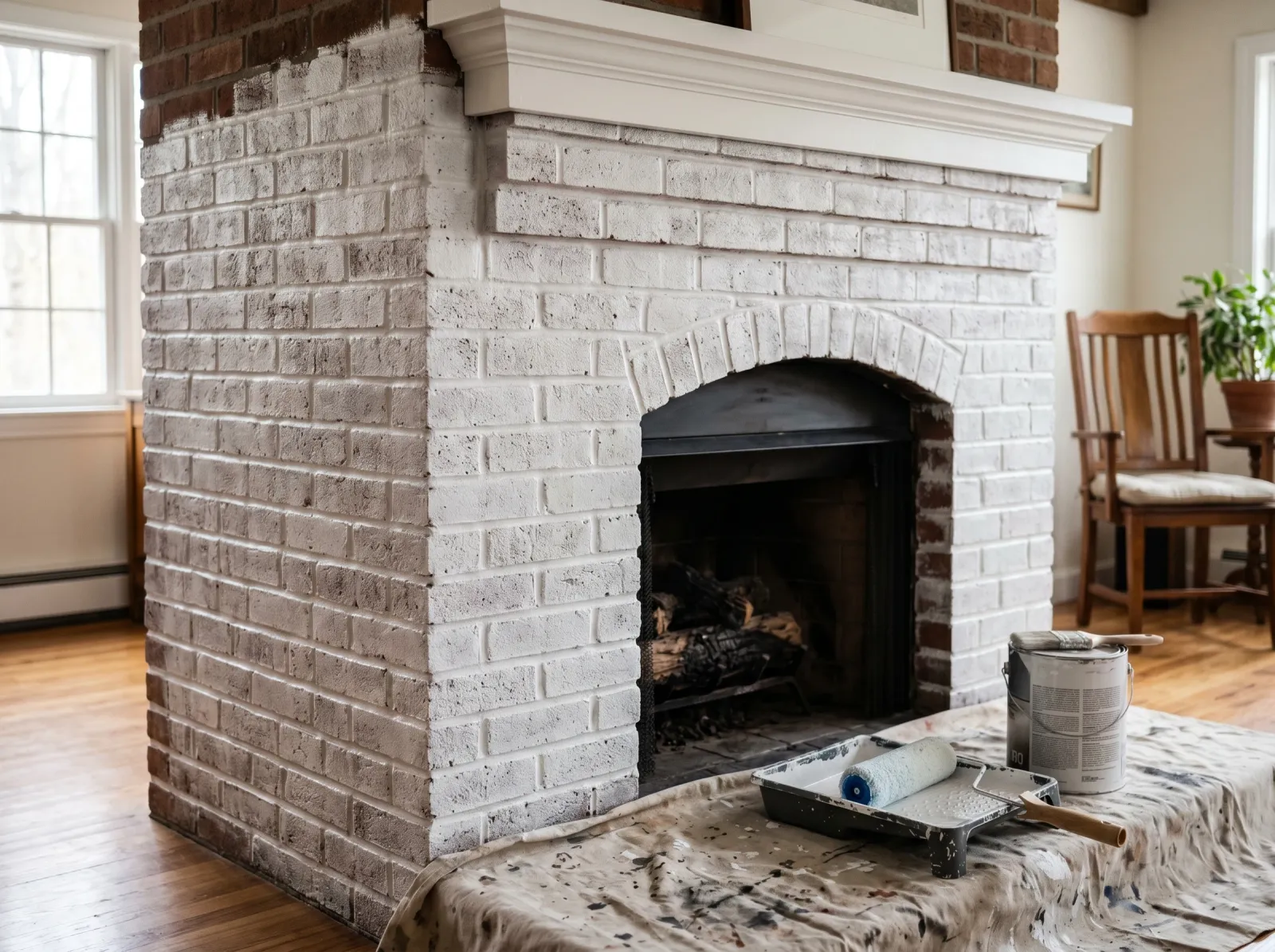 Brick fireplace coated in white masonry primer with the texture still showing