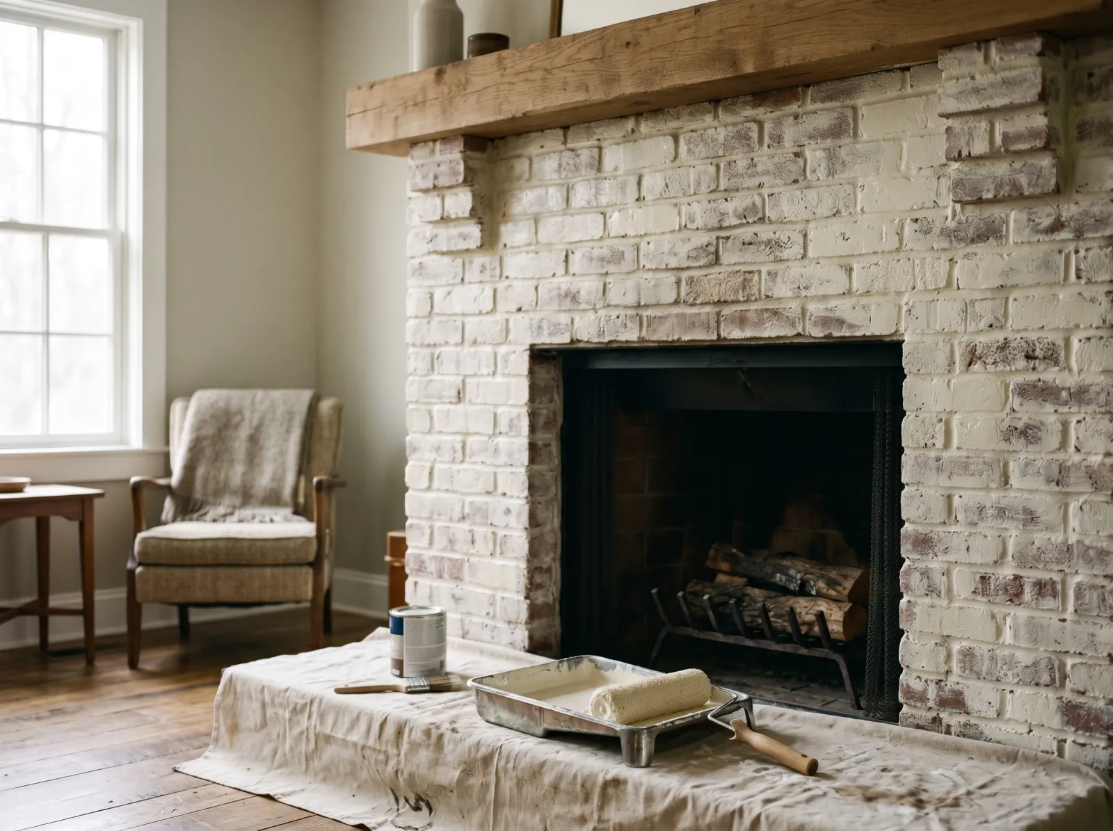 Brick fireplace with a patchy first finish coat of warm white
