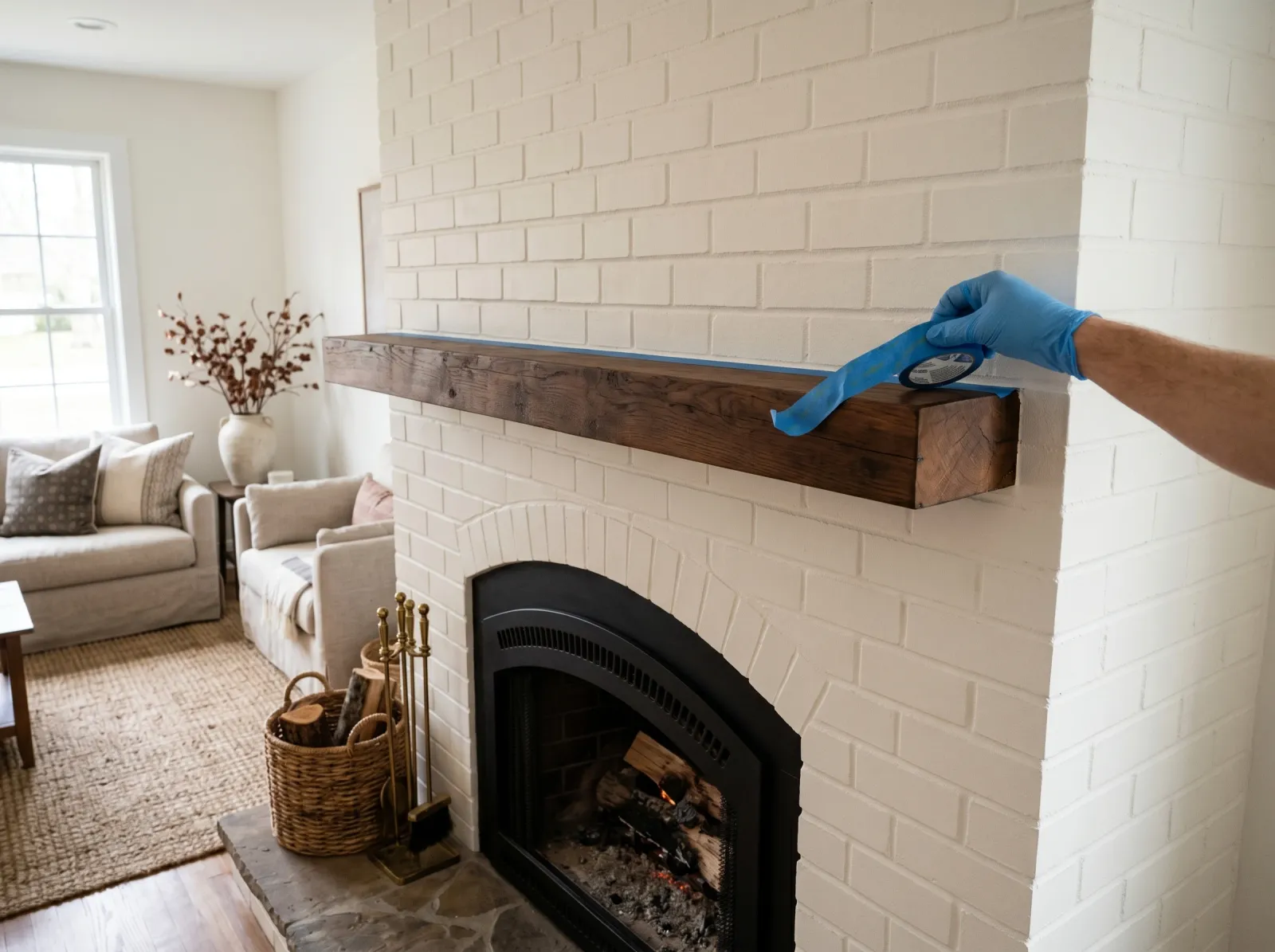 Brick fireplace with an even second coat of warm white and tape coming off the mantel