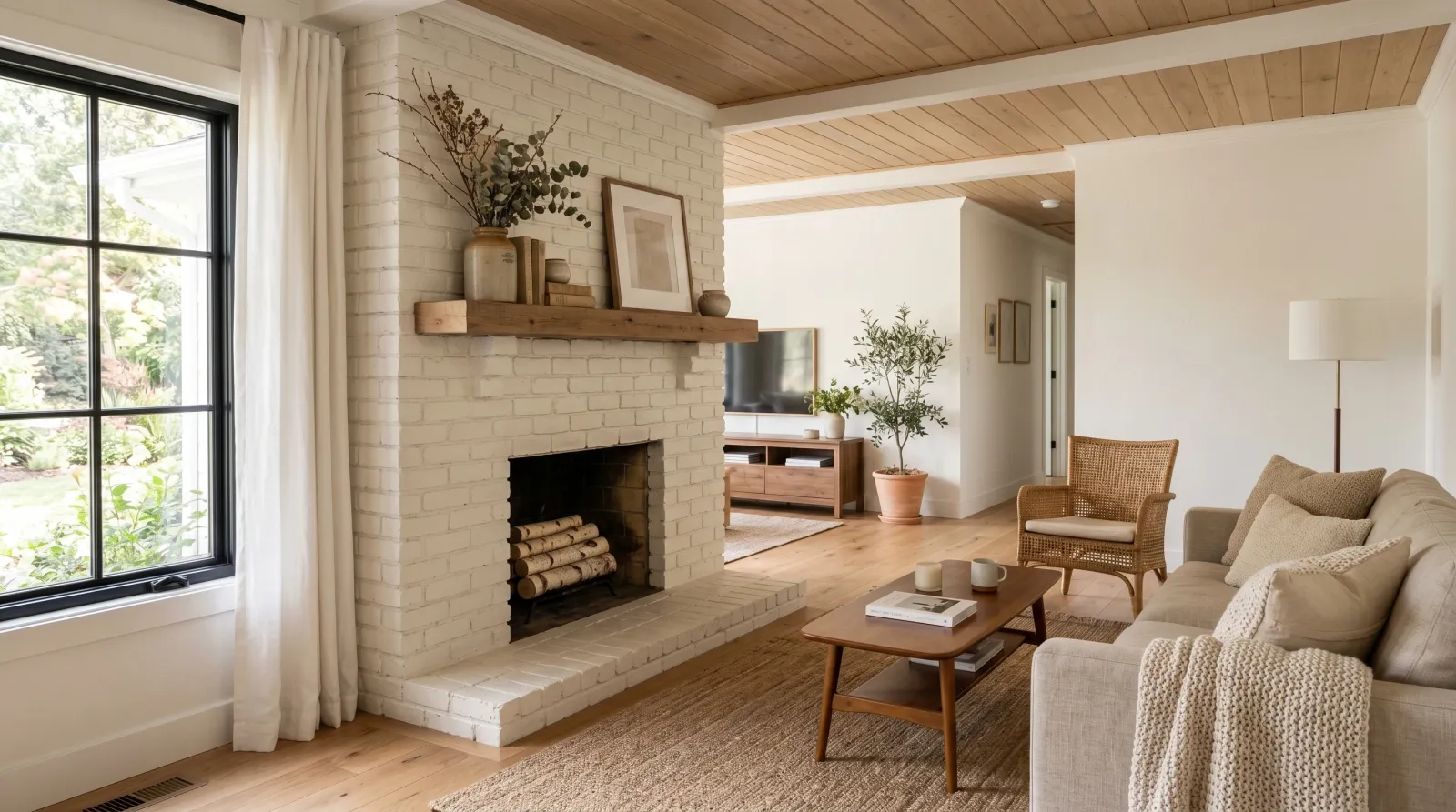 Finished warm-white brick fireplace with a reset mantel in a sunlit living room