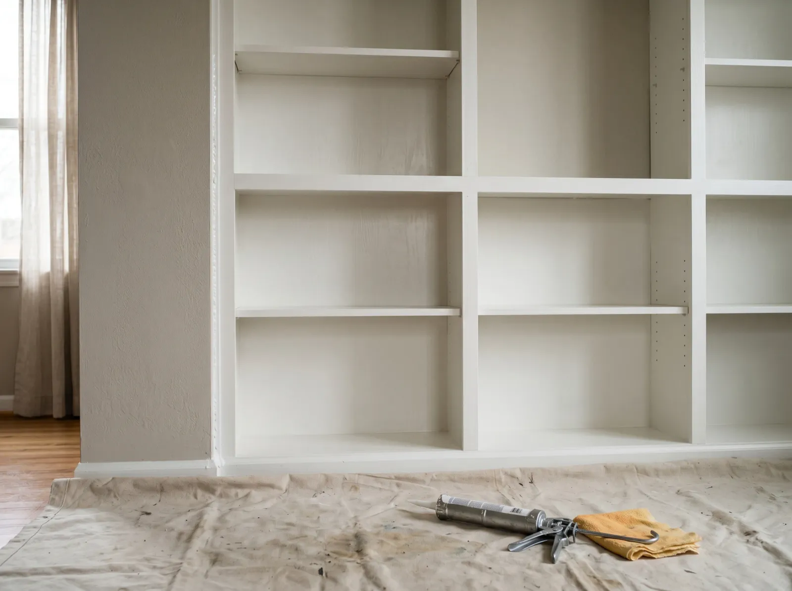 Empty built-in bookshelf with the wall seam freshly caulked and the floor draped
