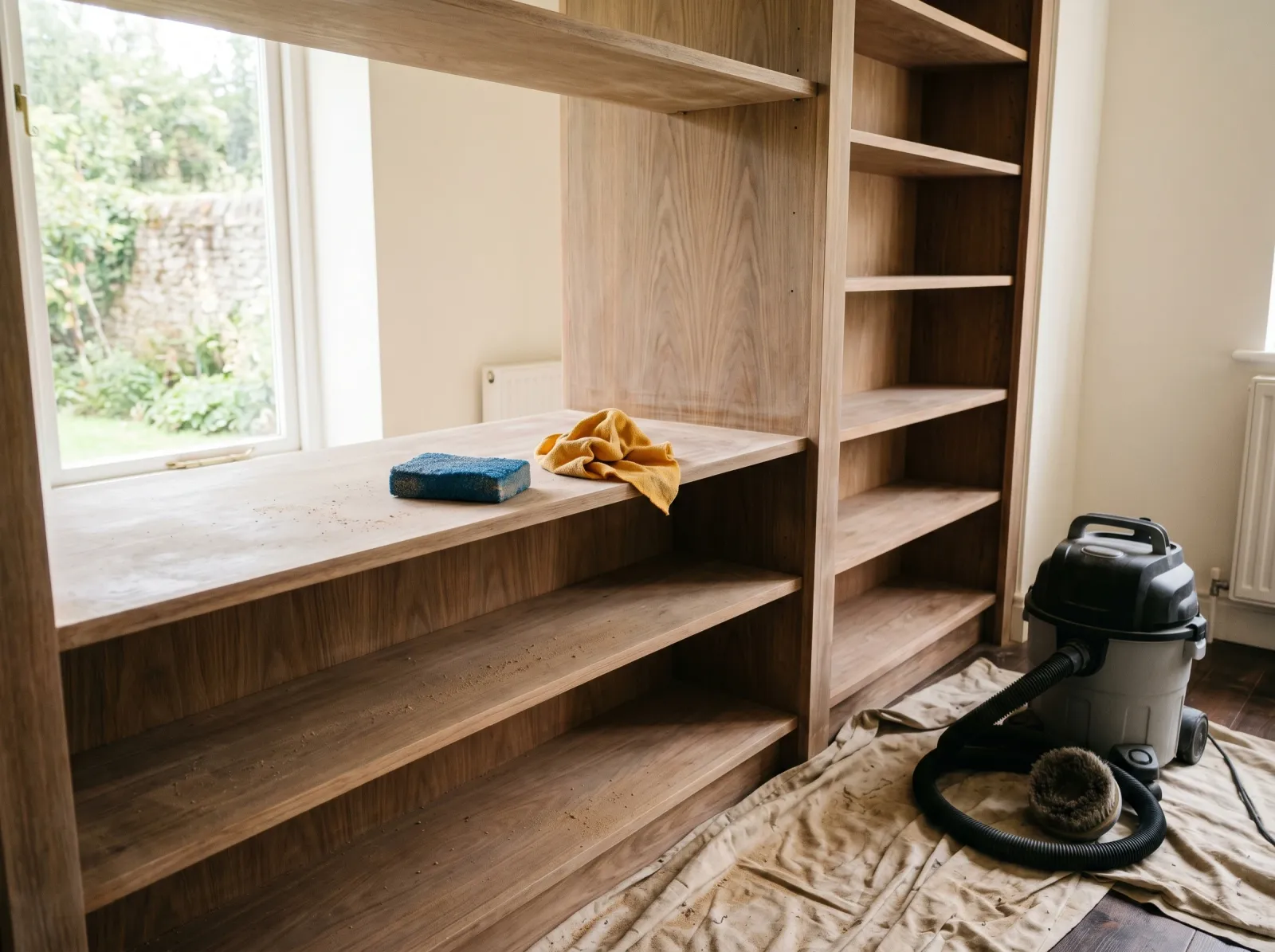 Built-in bookshelf scuff-sanded to a dull haze with a sanding sponge on a shelf