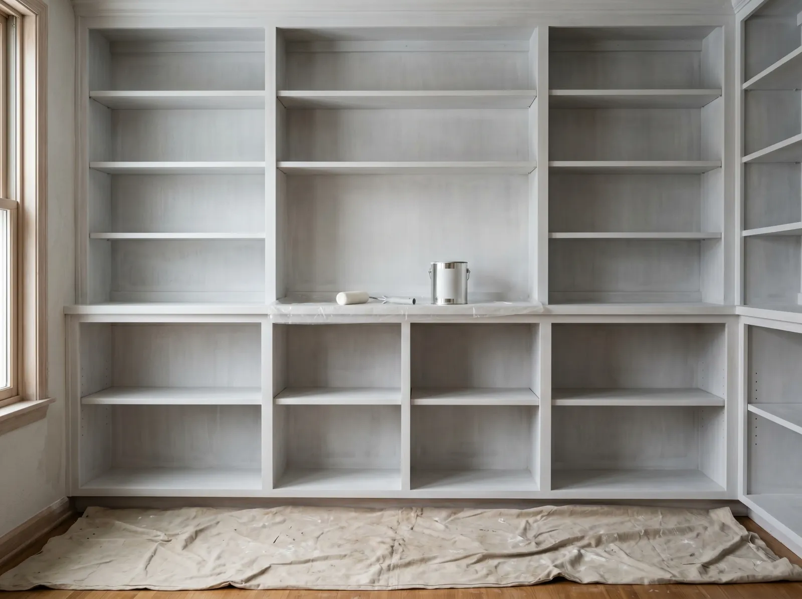 Built-in bookshelf coated in a thin even layer of white-grey primer