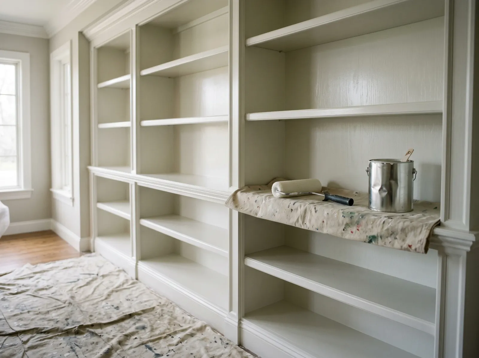 Built-in bookshelf with a smooth first coat of soft white satin enamel