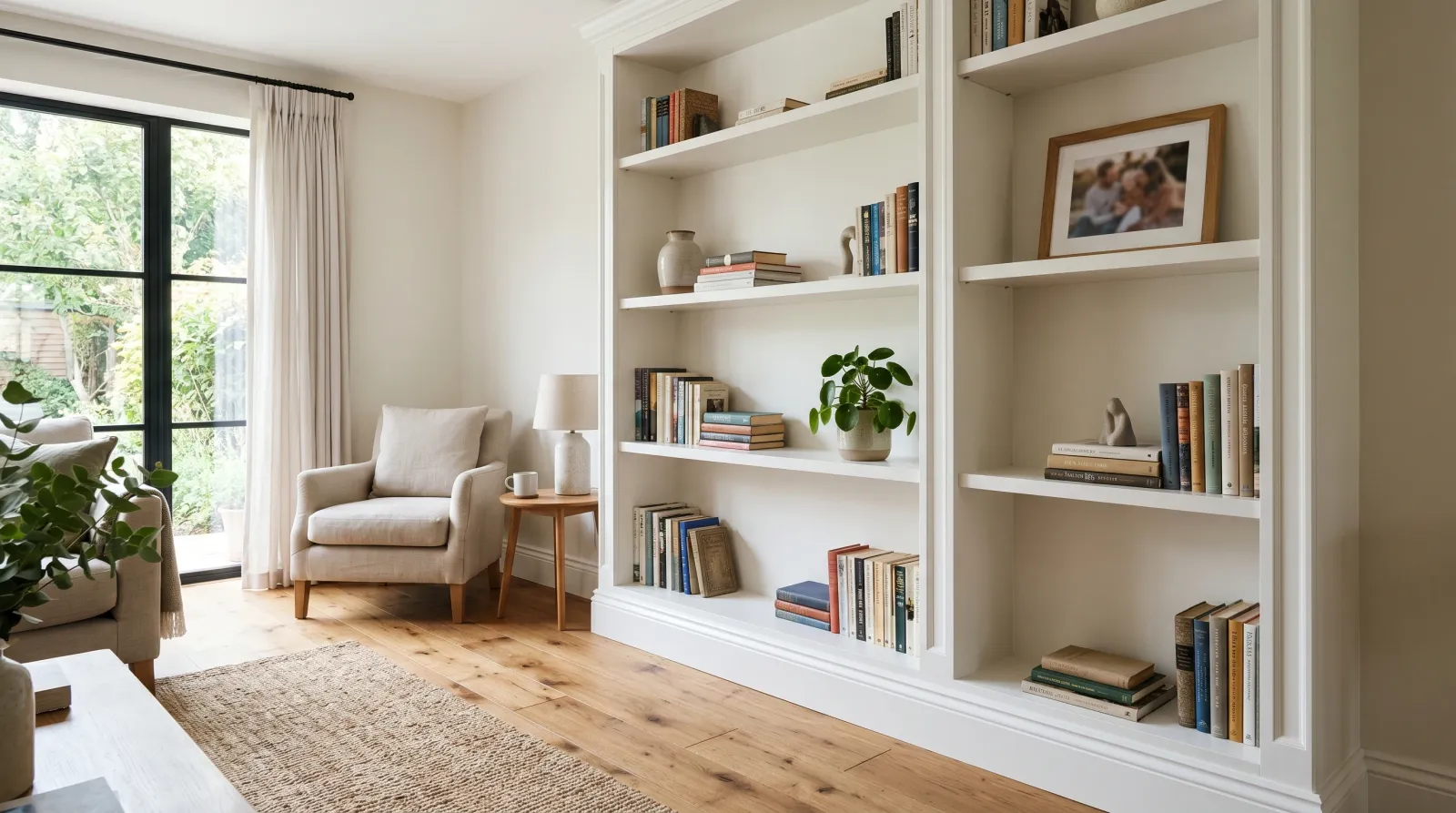 Finished white built-in bookshelf styled with books and a plant in a sunlit room