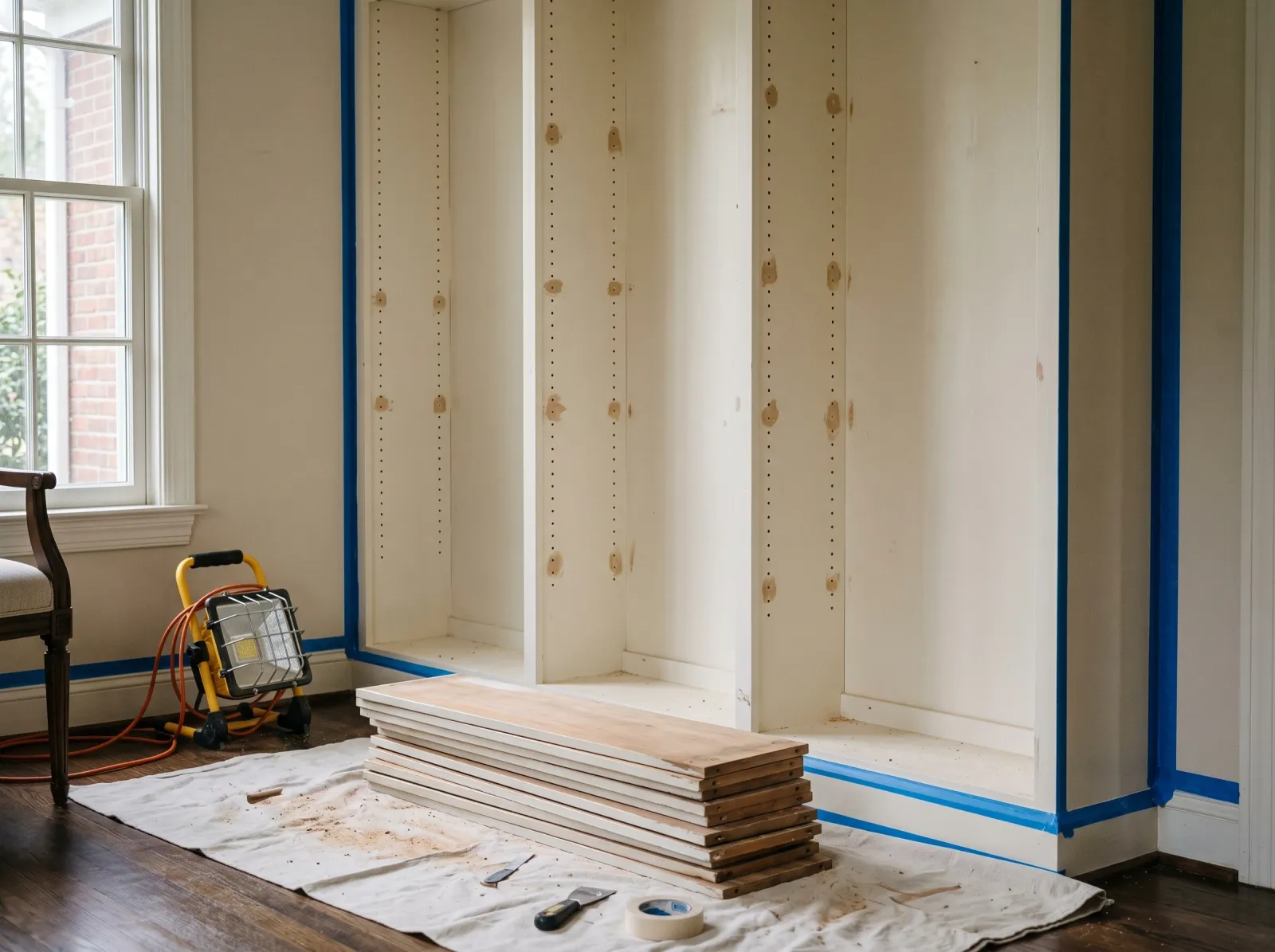 Empty built-in shelf carcass with shelves removed and filled holes, taped off