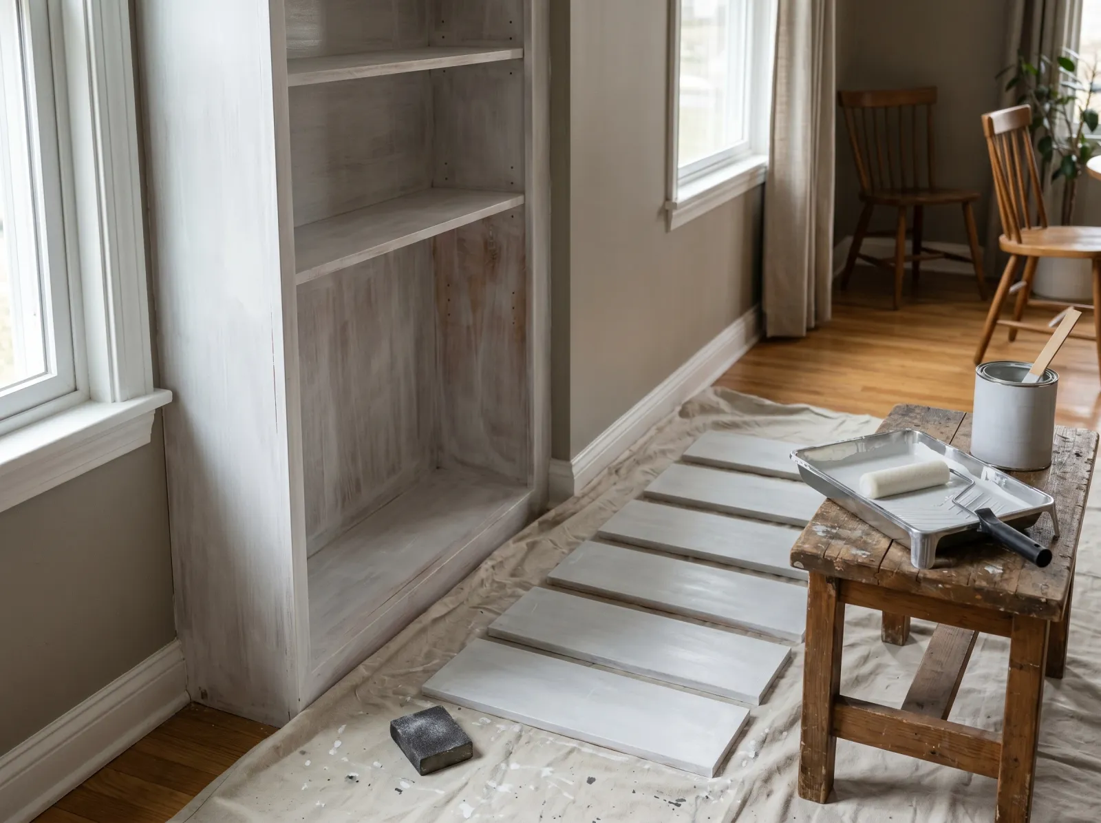 Built-in shelves coated in white-grey bonding primer with shelves drying flat nearby