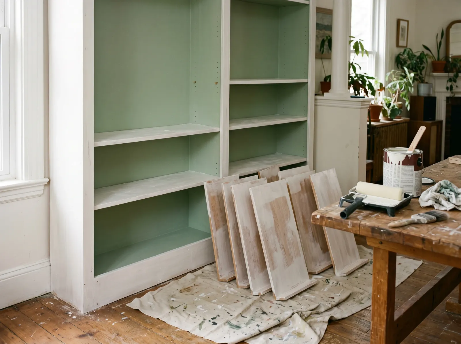 Built-in shelves with green back panel painted and a first white coat on the frame