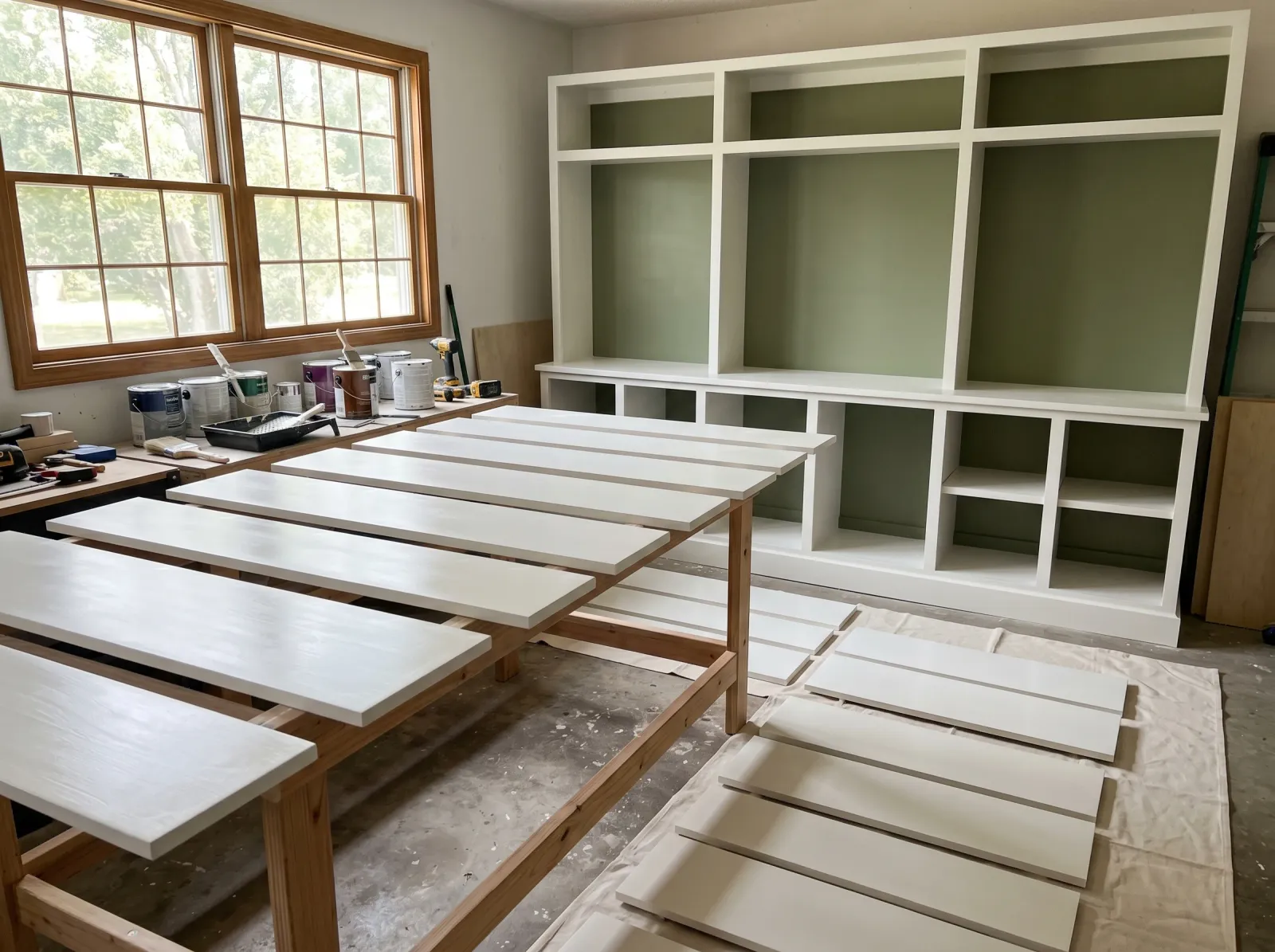 Freshly painted white shelves drying flat on a rack with the finished carcass behind