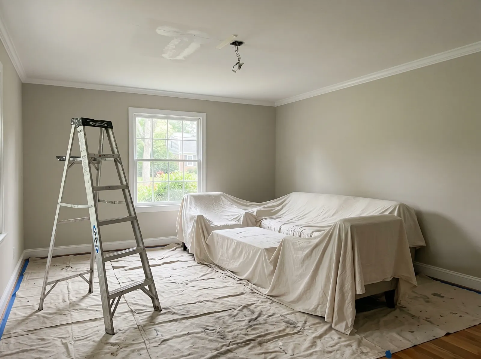 Living room prepped for ceiling painting with floor covered and ceiling crack patched