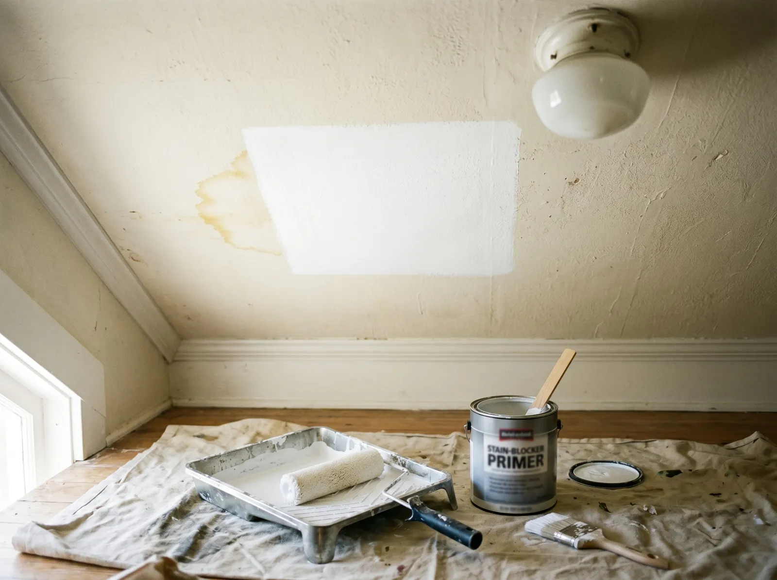 Ceiling water stain covered with a square patch of white stain-blocking primer