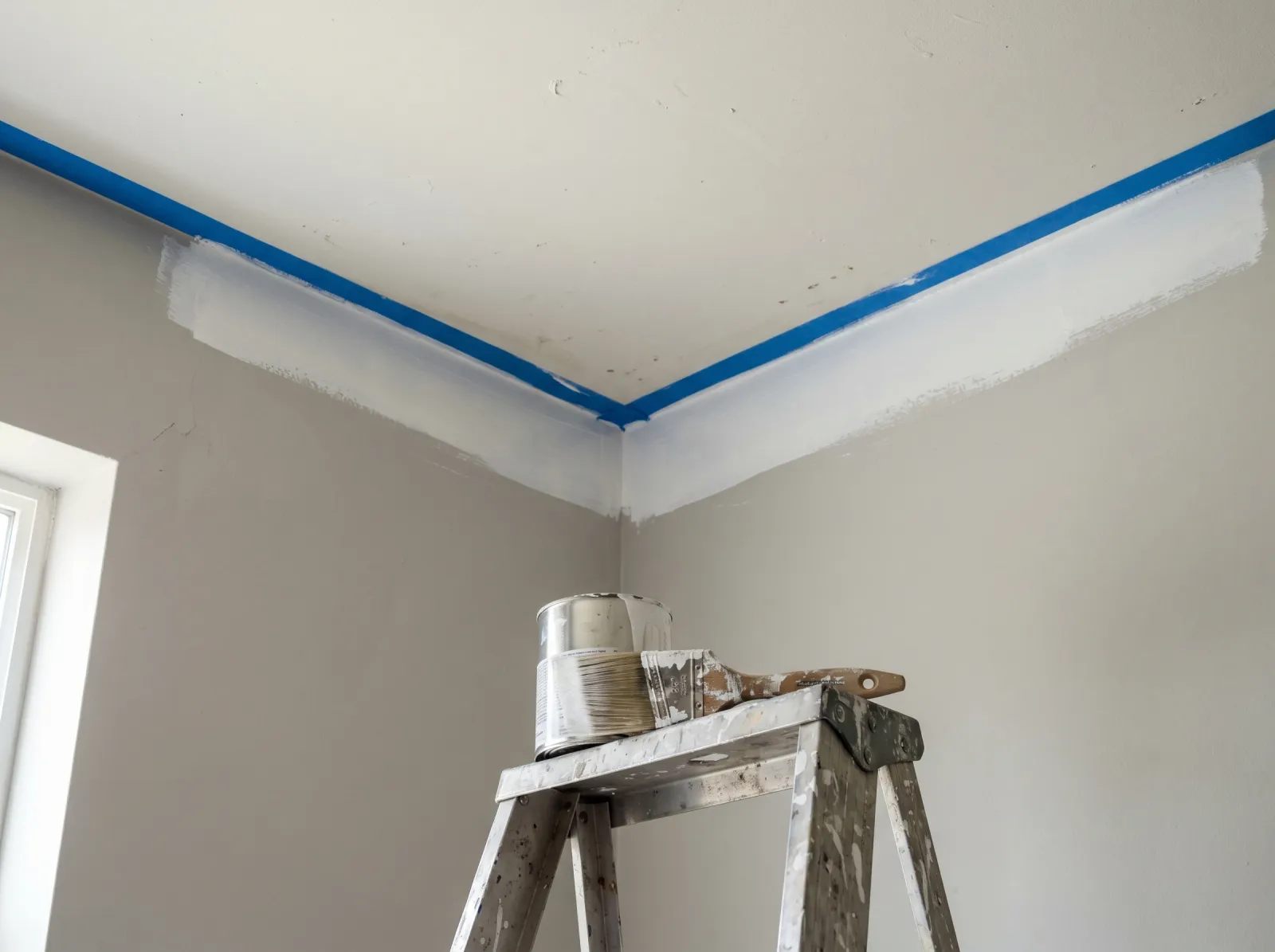 Ceiling corner with a cut-in band of flat white paint along the wall line