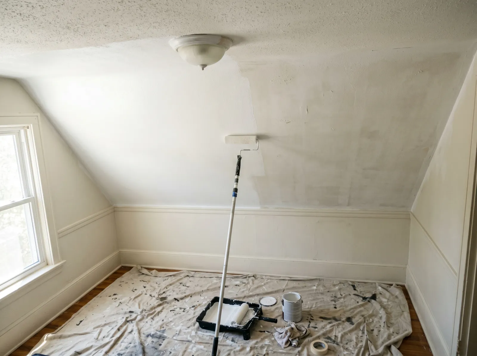 Ceiling half-rolled in fresh flat white paint with a roller on an extension pole