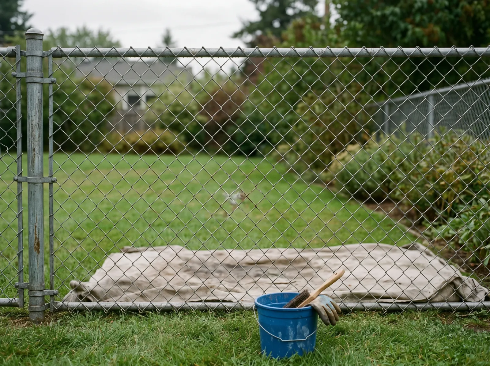 Chain-link fence cleaned and wire-brushed with bare metal showing at old rust spots