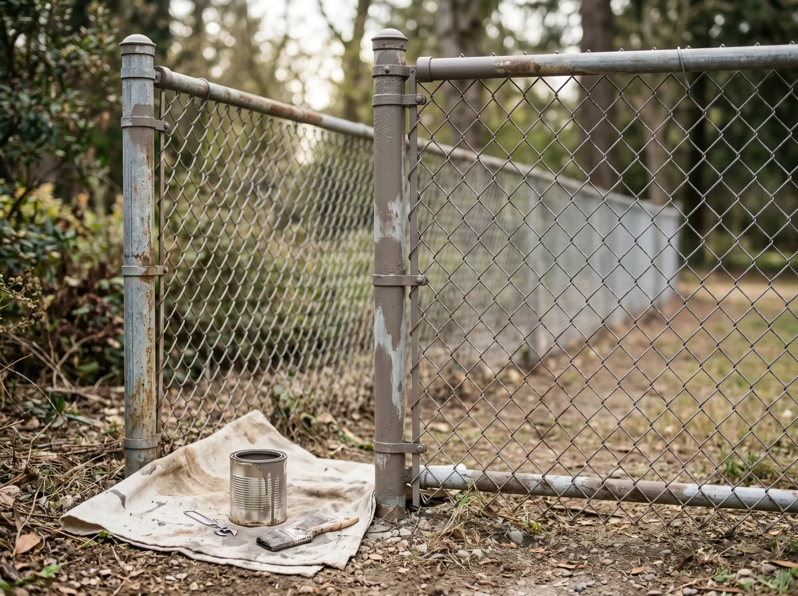 Chain-link fence with primer spotted over rusty areas and along the posts