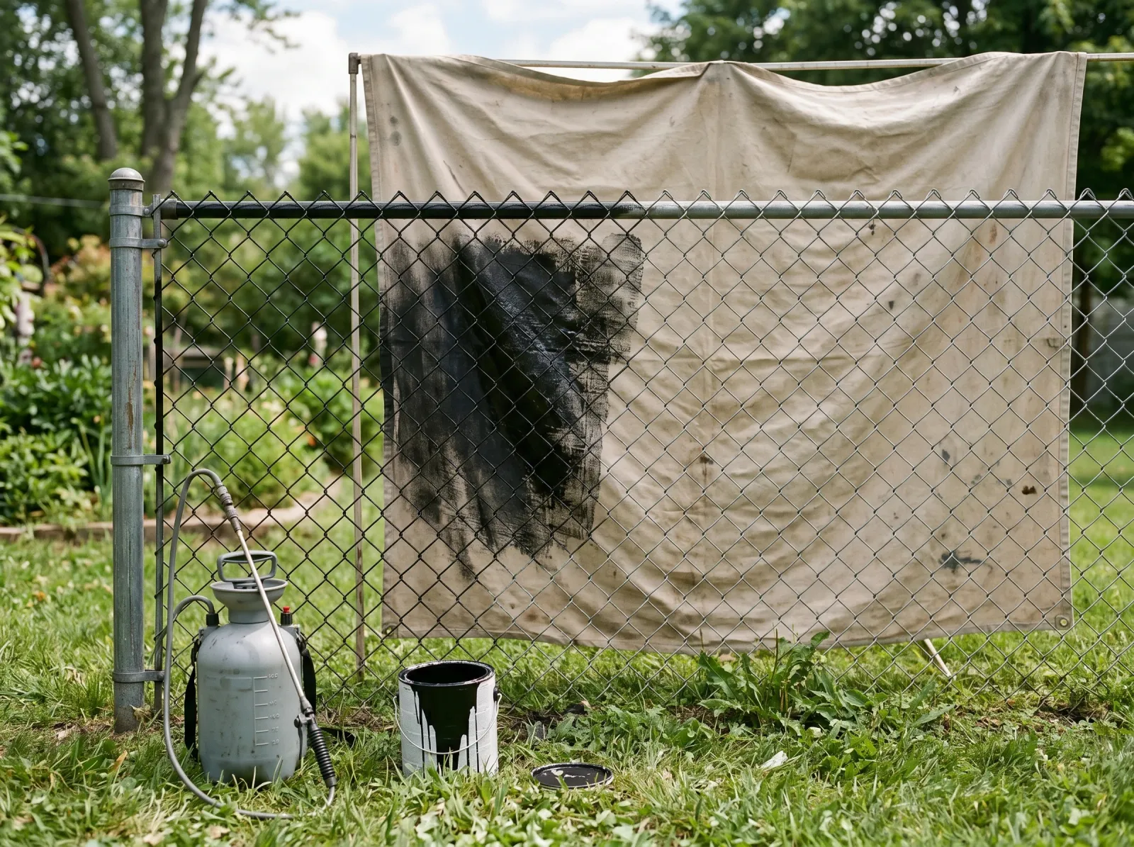 Chain-link fence with a thin first coat of black paint, sprayer and drop cloth nearby
