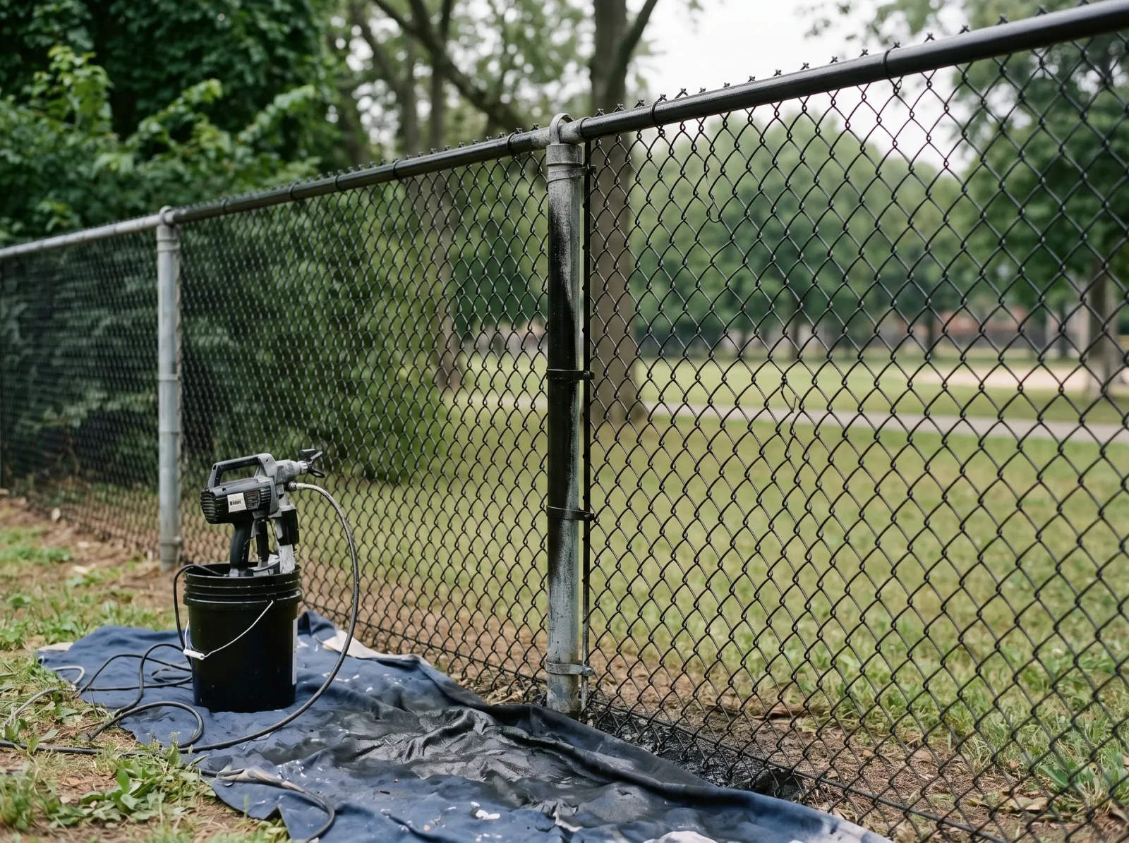 Chain-link fence getting an even second coat of black paint from the back side