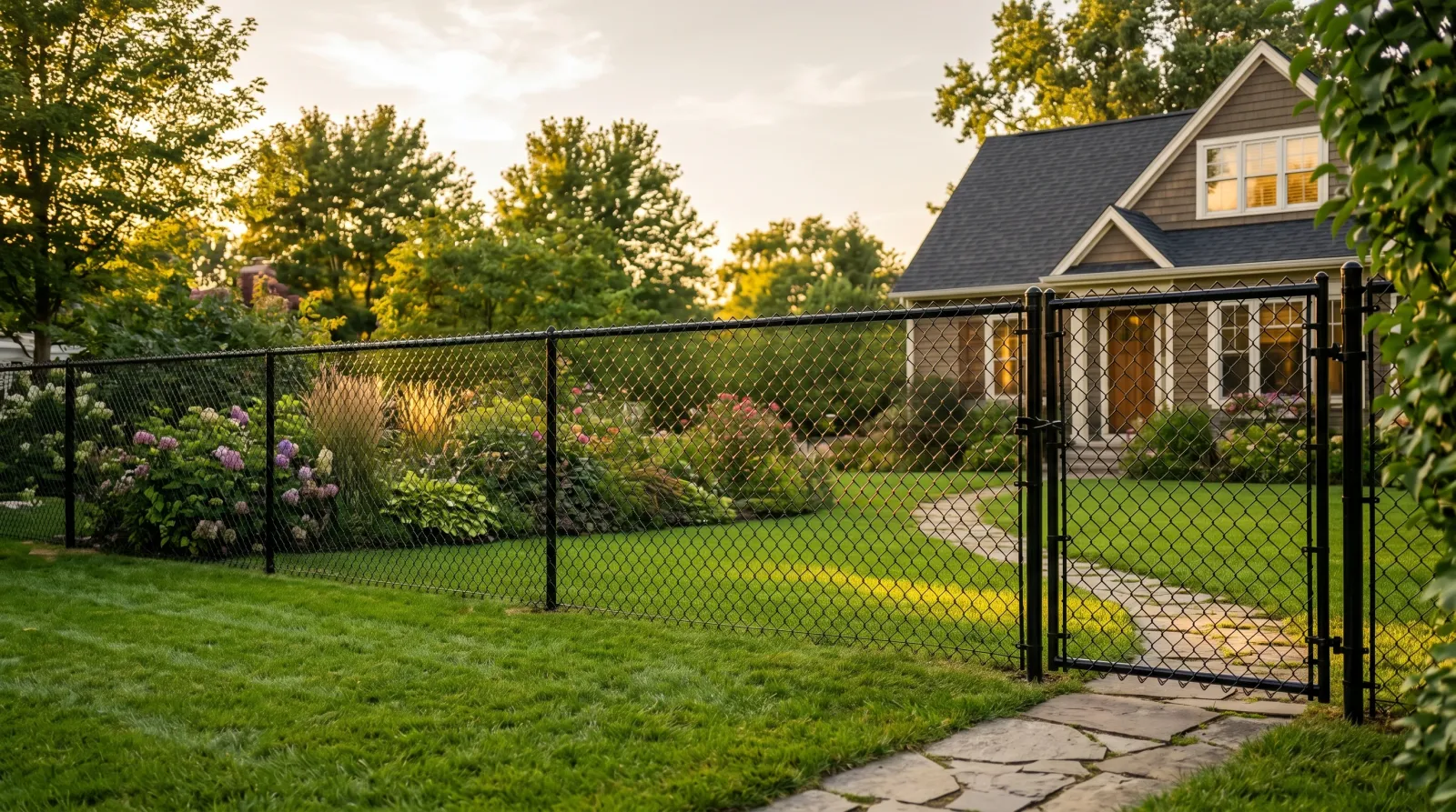 Finished satin-black chain-link fence in a tidy backyard at the end of the project