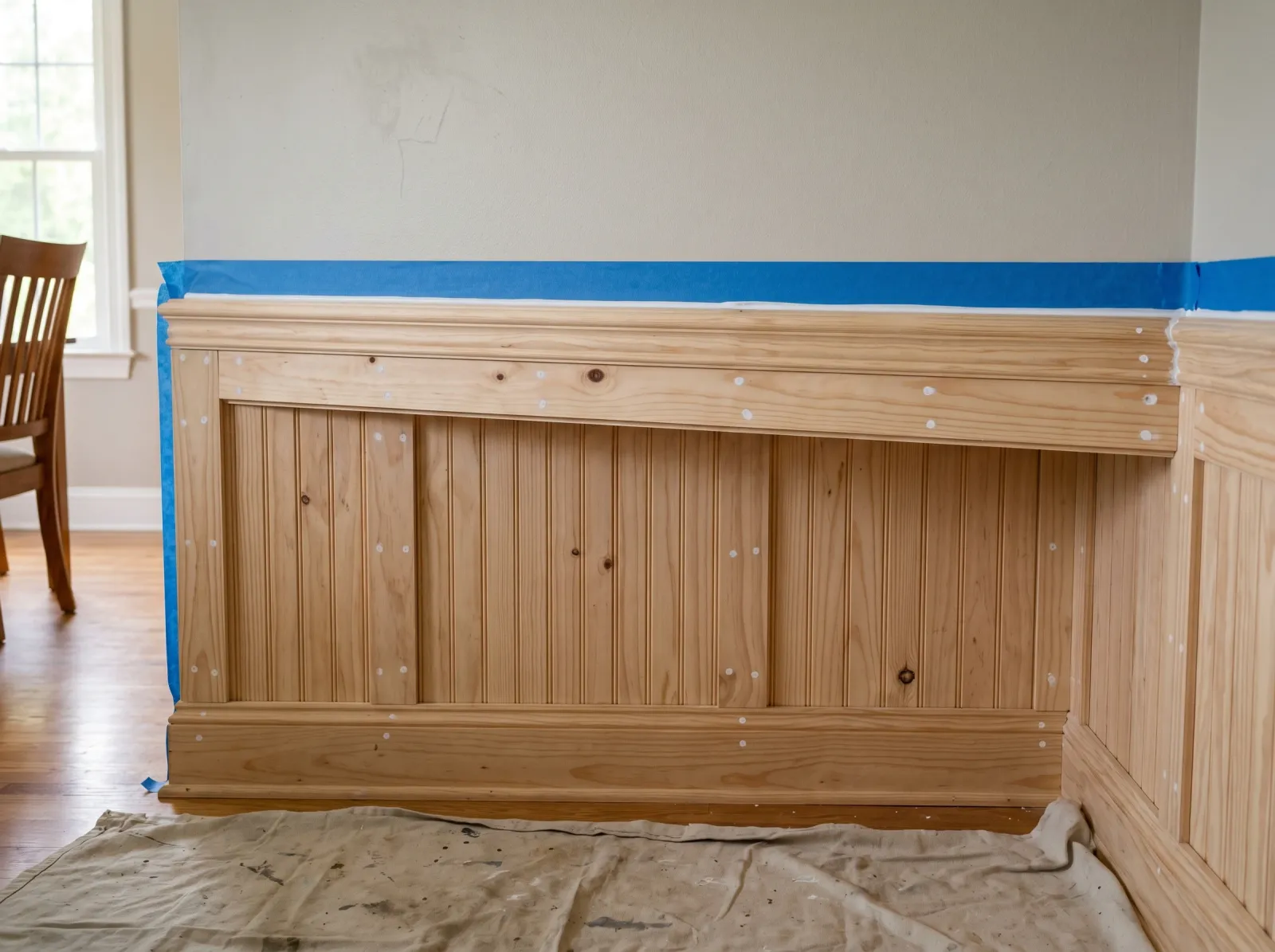 Wainscoting and chair rail prepped with caulk, filled nail holes, and tape masking above and below