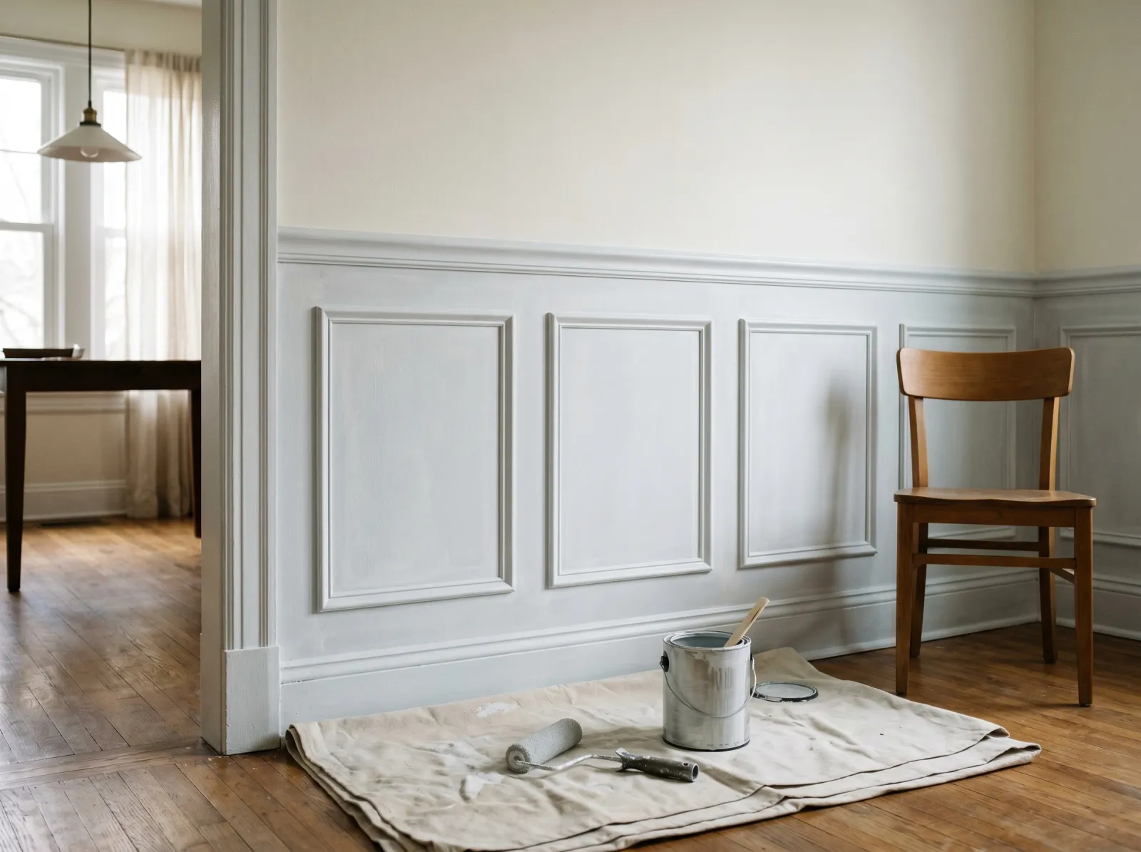 Chair rail and wainscoting coated in white-grey bonding primer with a foam roller nearby