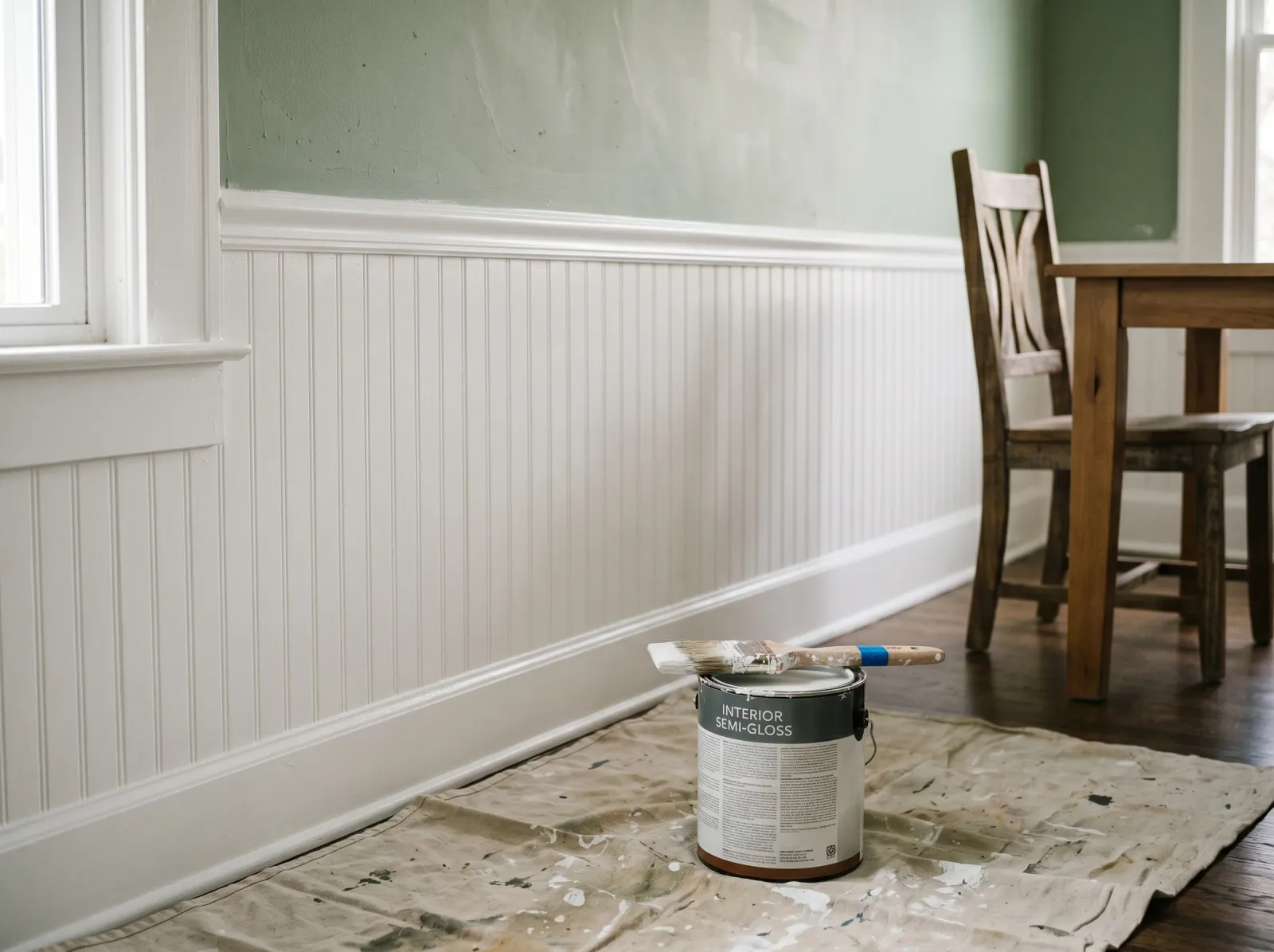 Wainscoting and chair rail freshly painted white with the wall above still in its old color