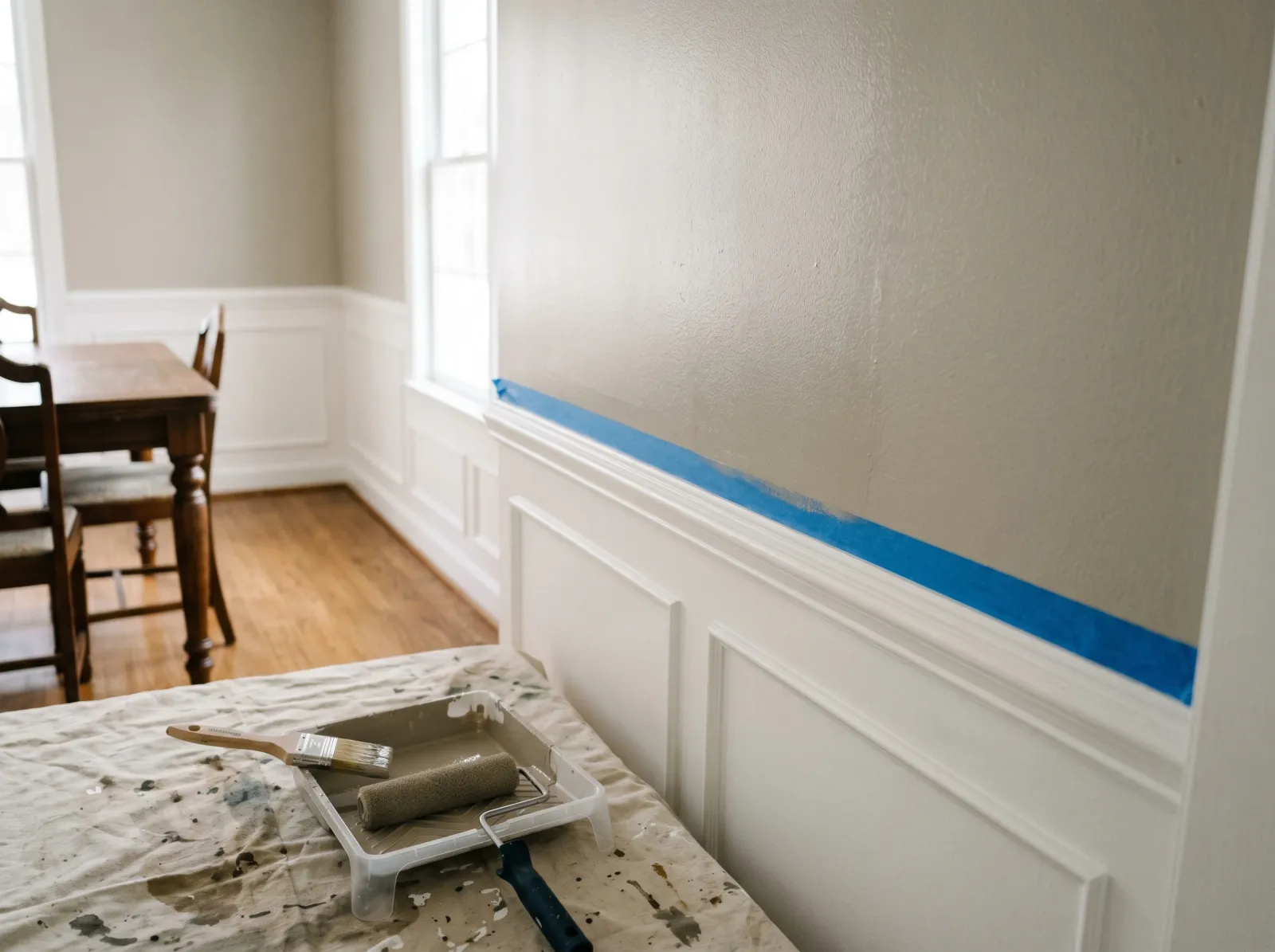 Upper wall painted warm greige above the white chair rail with a crisp dividing line