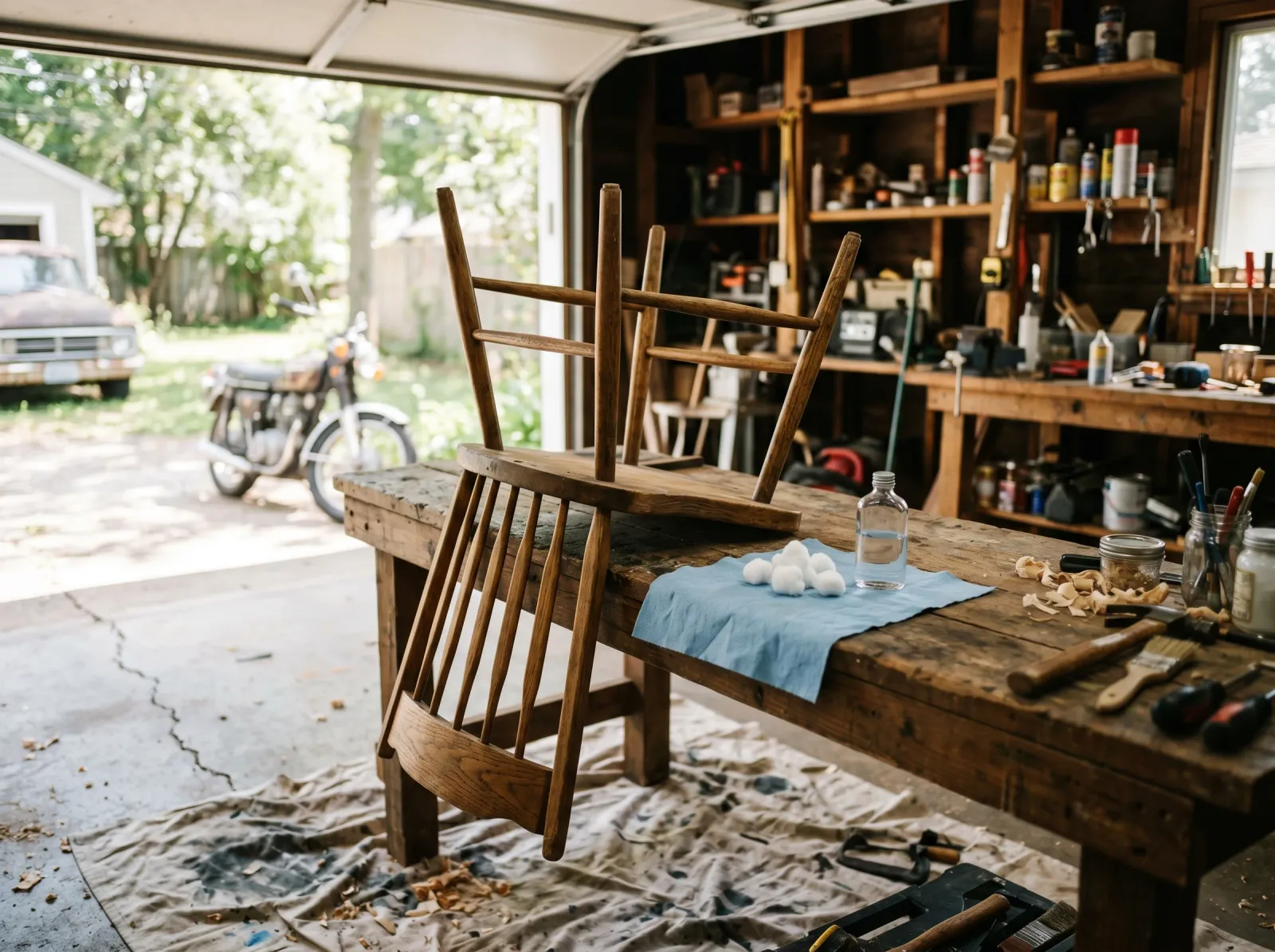 Wood chair upside down on a workbench with a finish-test kit beside it