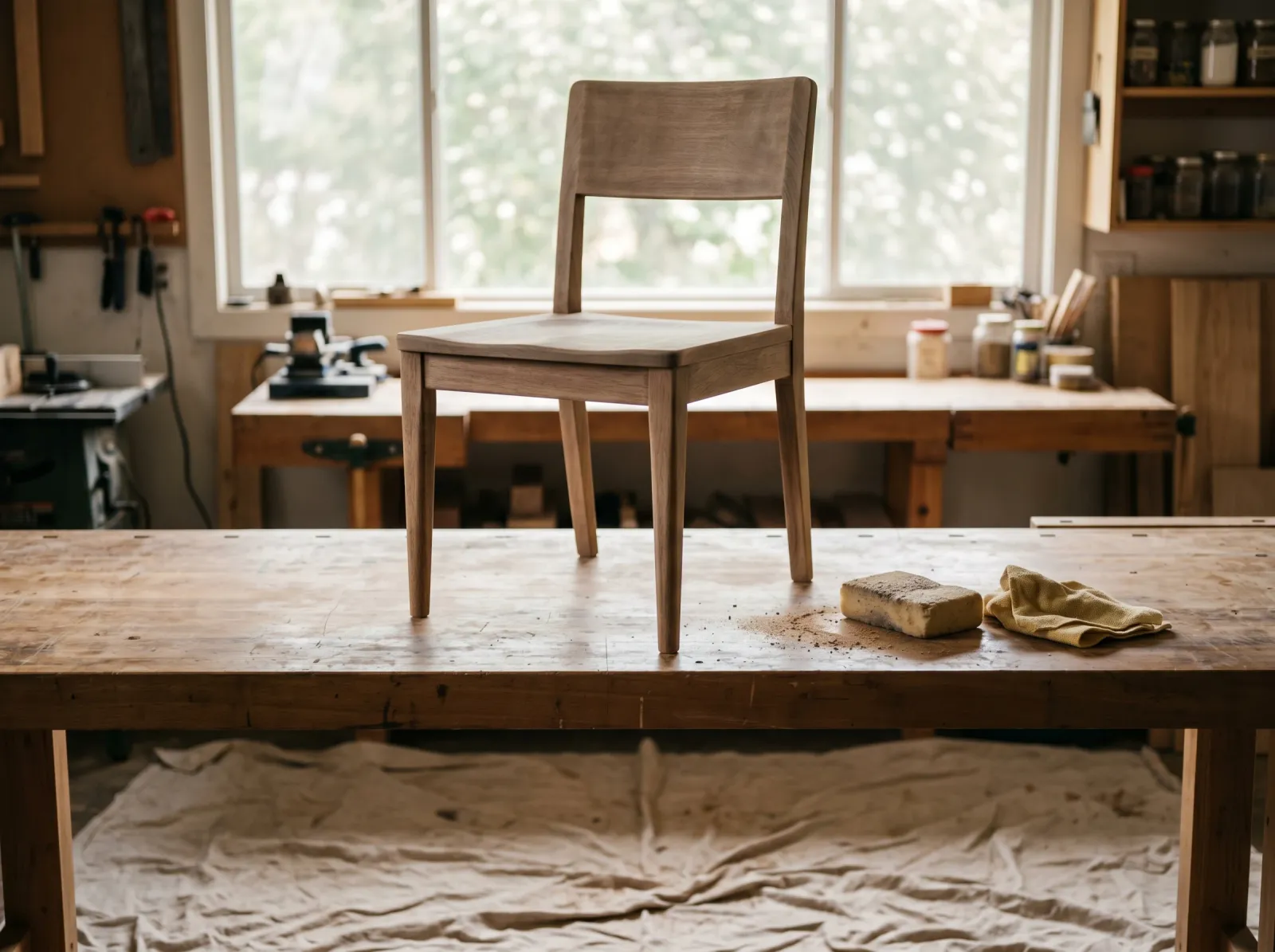 Wood chair scuff-sanded dull with a sanding sponge and tack cloth nearby