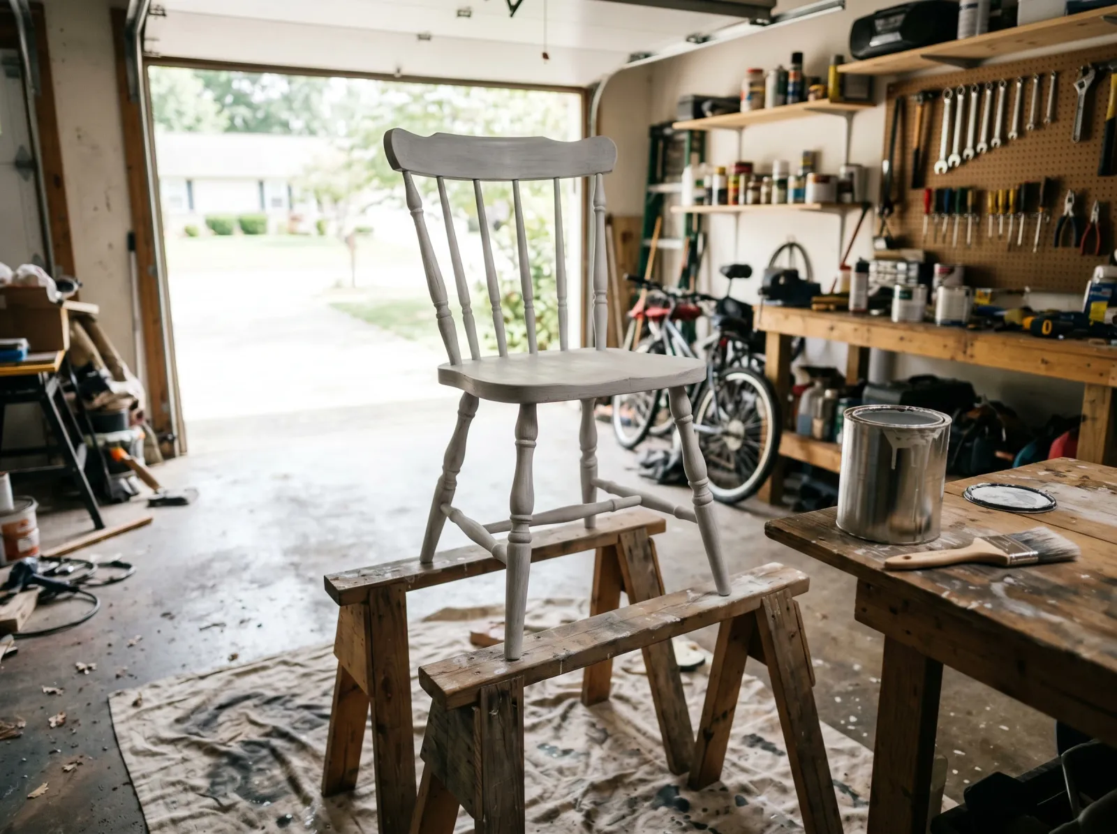 Wood chair coated in bonding primer drying on sawhorses