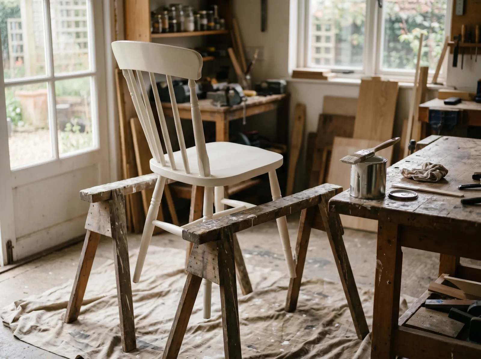 Wood chair with first coat of soft-white paint drying on sawhorses