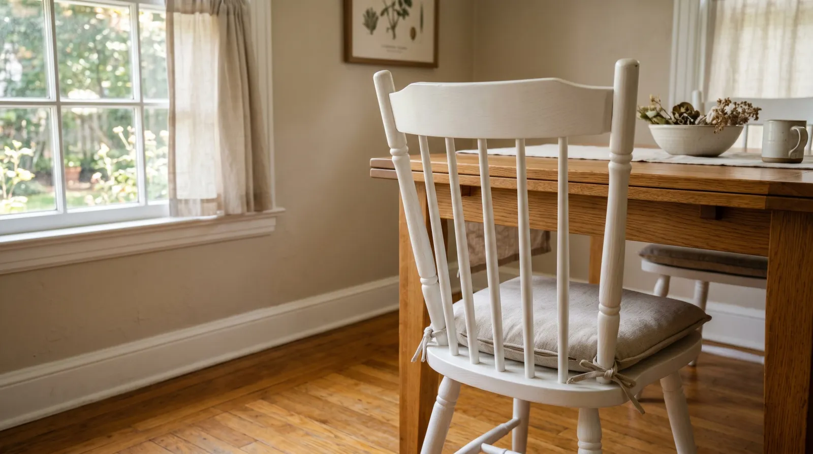 Finished soft-white wood chair tucked against a wooden dining table