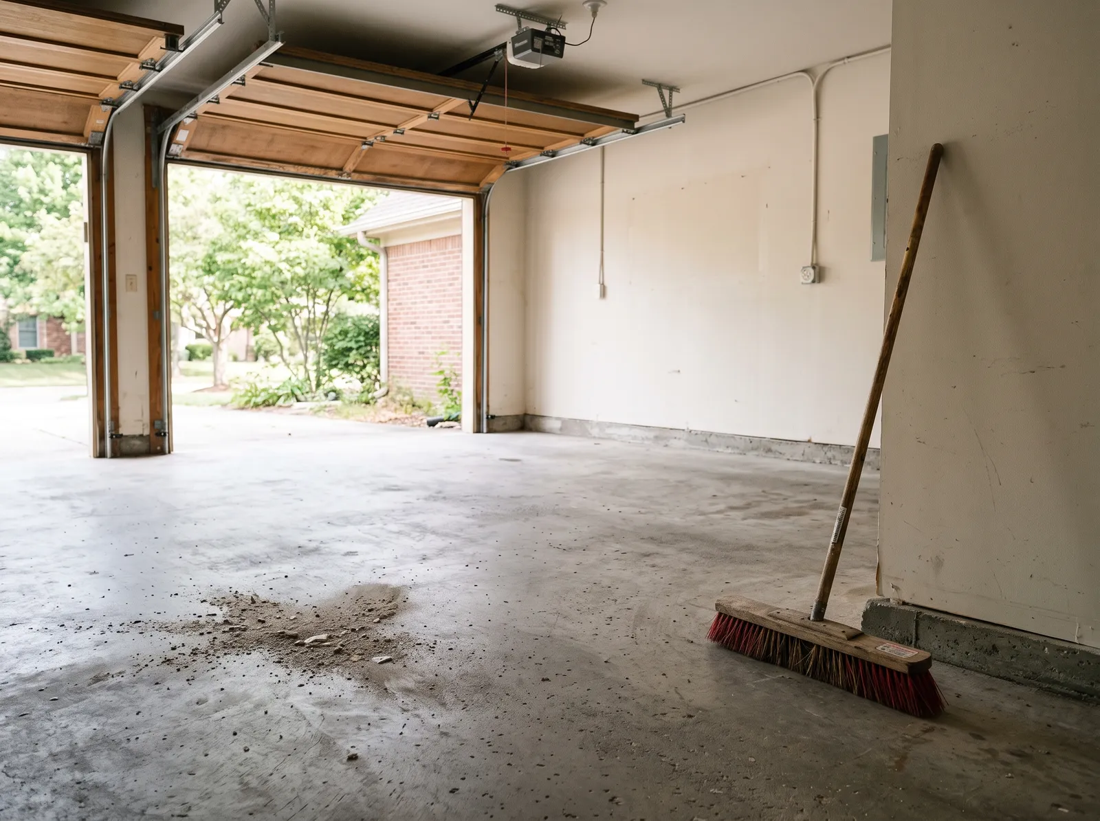 Empty garage with bare concrete floor swept clean and a push broom leaning on the wall
