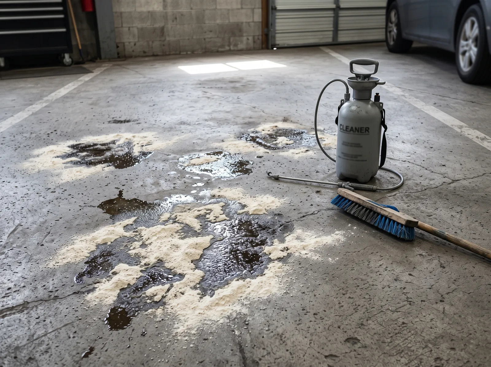 Concrete garage floor with dark oil stains covered in degreaser and absorbent powder