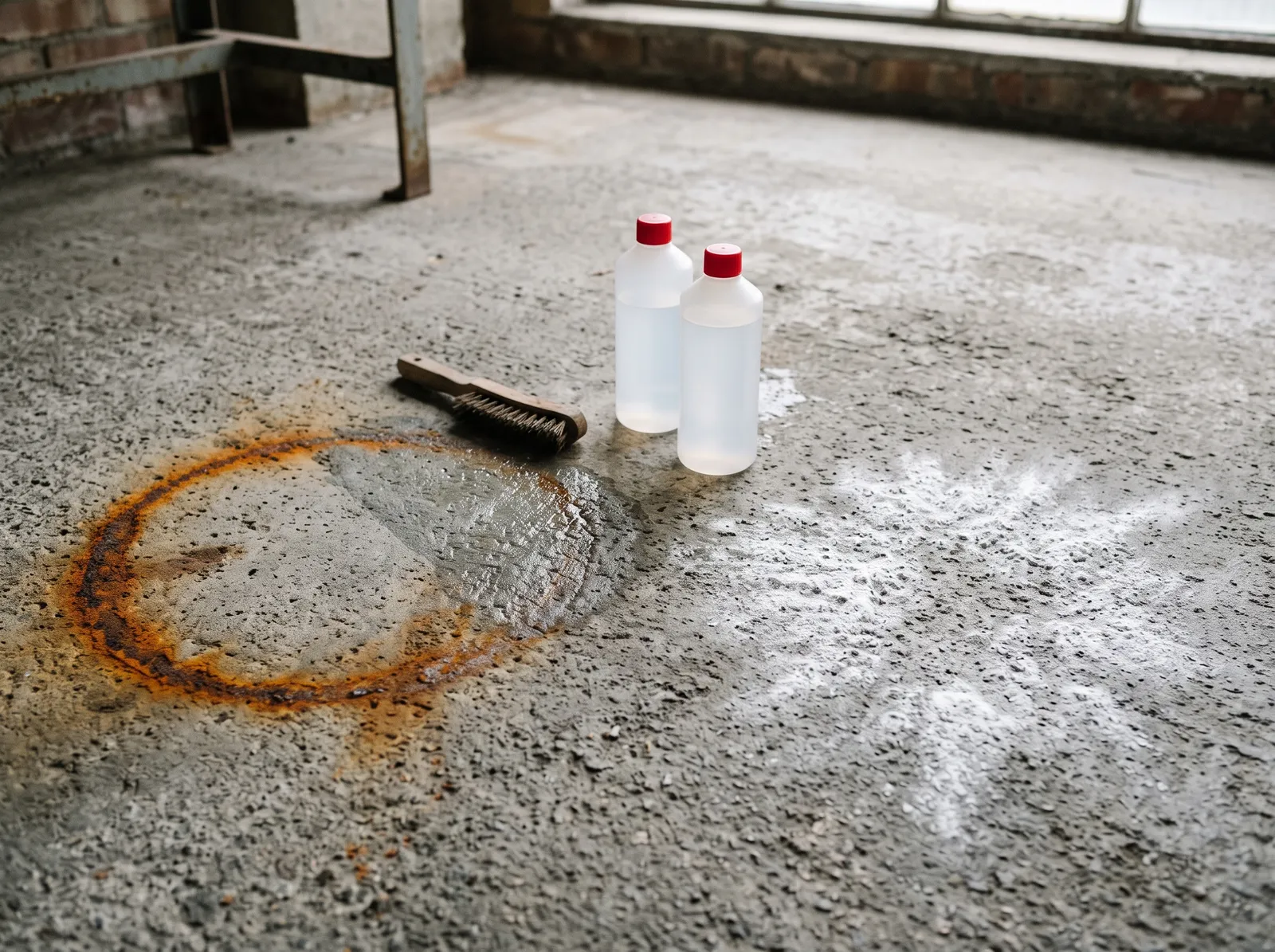 Concrete floor with an orange rust stain and a white efflorescence bloom being treated separately