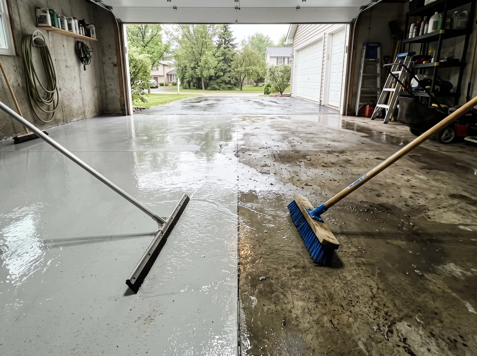 Garage floor halfway washed, clean light gray on one side and dull gray-brown on the other
