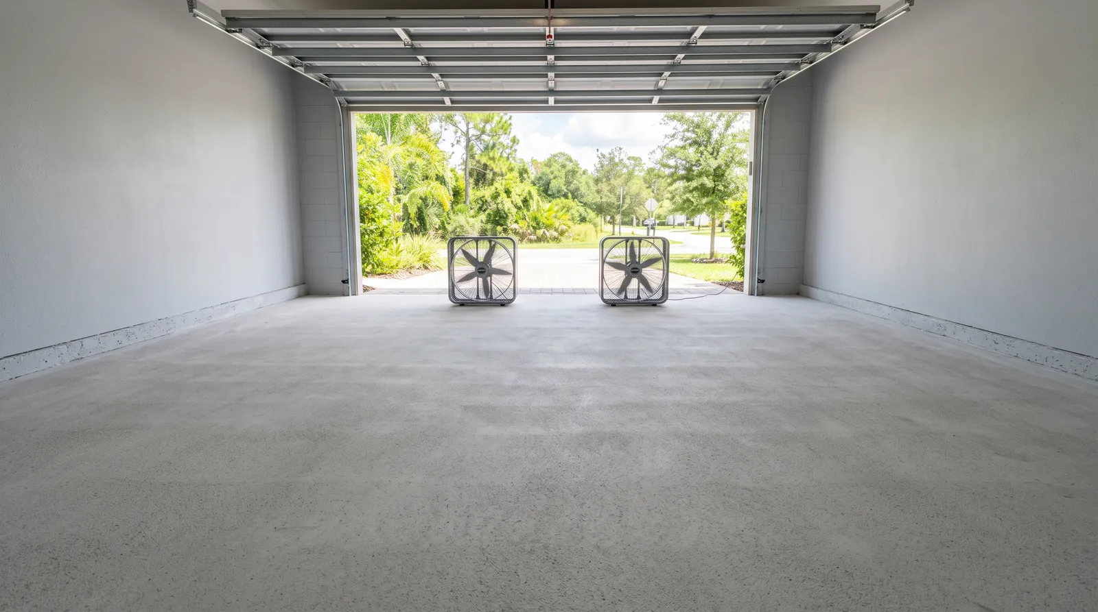 Fully dry evenly colored bare concrete garage floor with box fans running and the door open