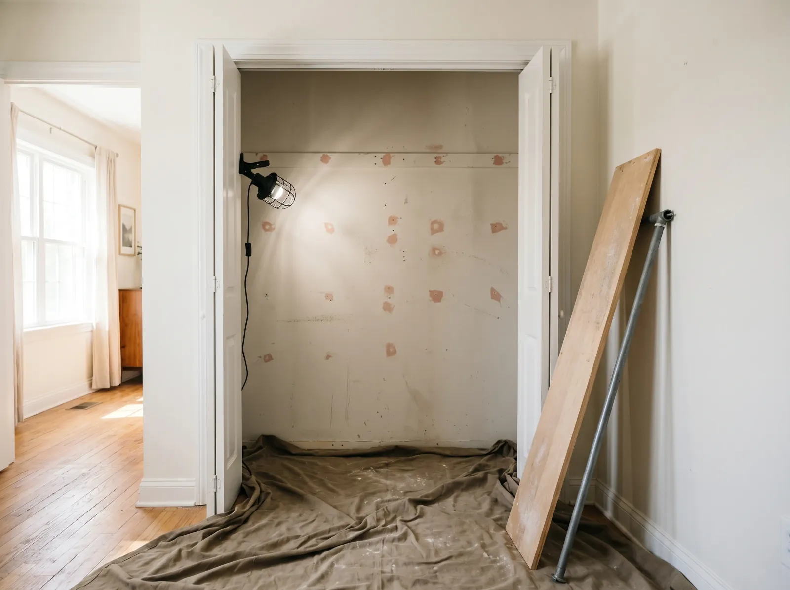 Empty closet with shelves and rod removed and bracket holes patched with spackle