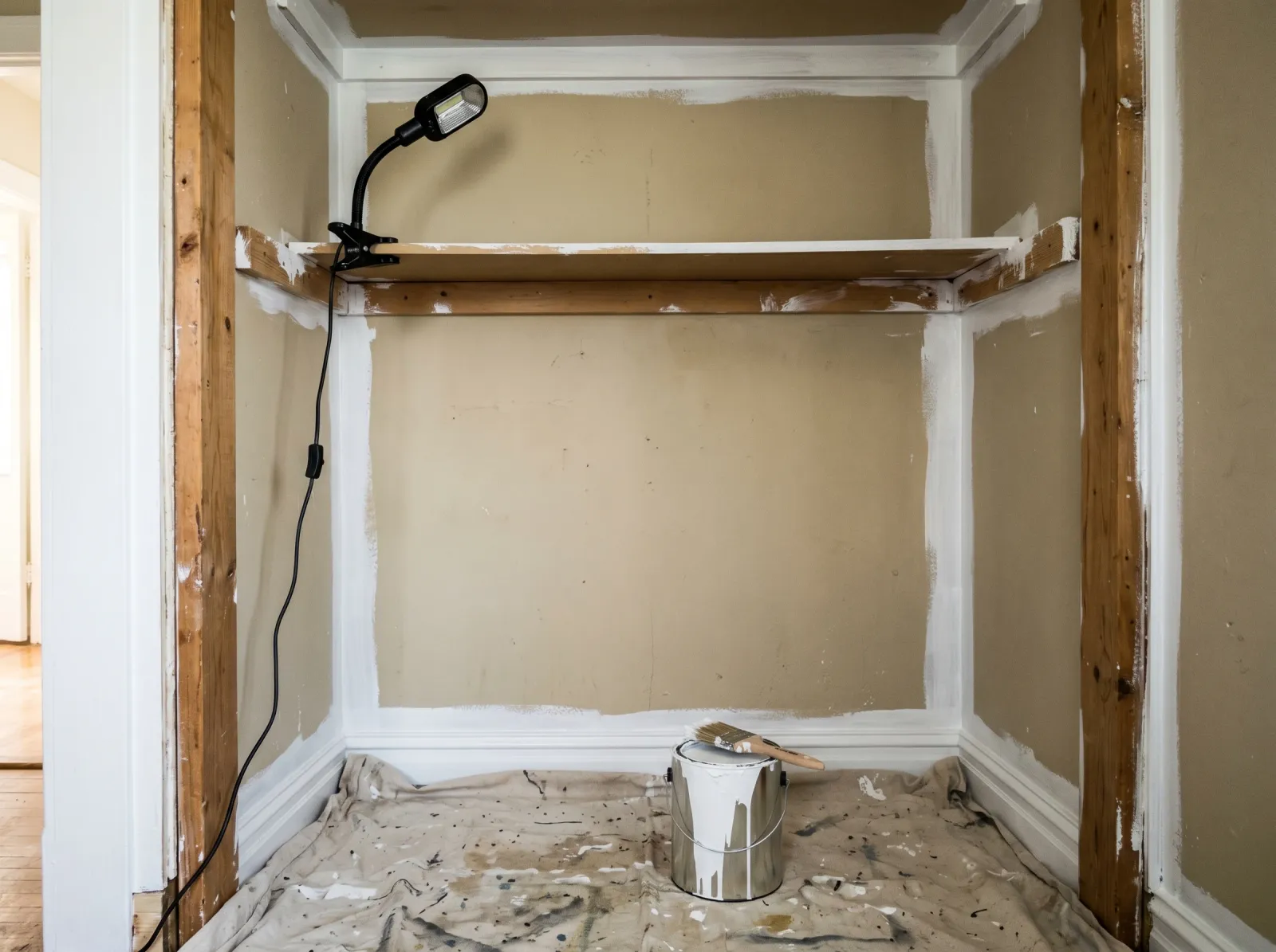 Closet interior with edges and corners brushed in white, wall centers still original color